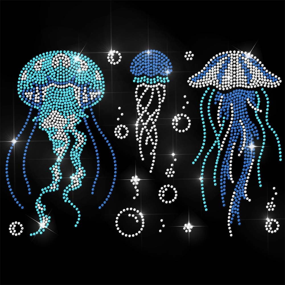 ANATTASOUL Blue Rhinestone Iron on Transfer Jellyfish Bling Diamond Hotfix Patches for Clothes, 11.6"x8.2" Large Iron On Sequin Applique for Jeans Jacket Caps Bag T-Shirts Shoes DIY Decor