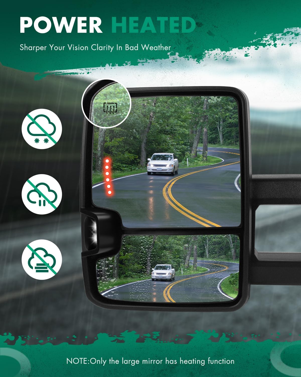 Image showing the heated mirror function clearing condensation and frost, with icons representing clear vision in snow, rain, and fog.