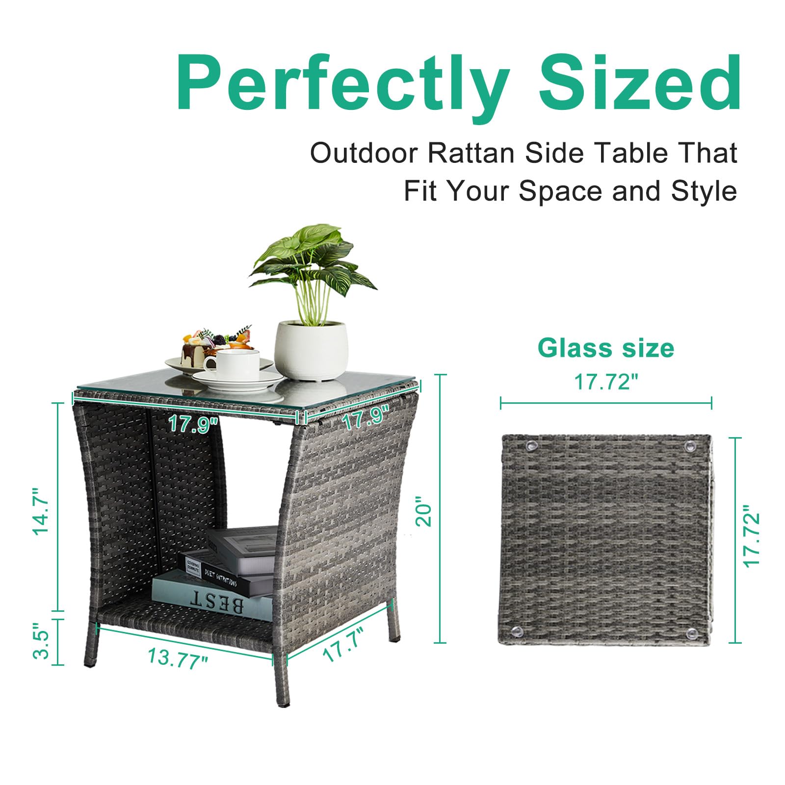Outdoor Wicker Side Table With Glass Top – Patio End Table With Storage Shelf For Porch, Deck, Balcony