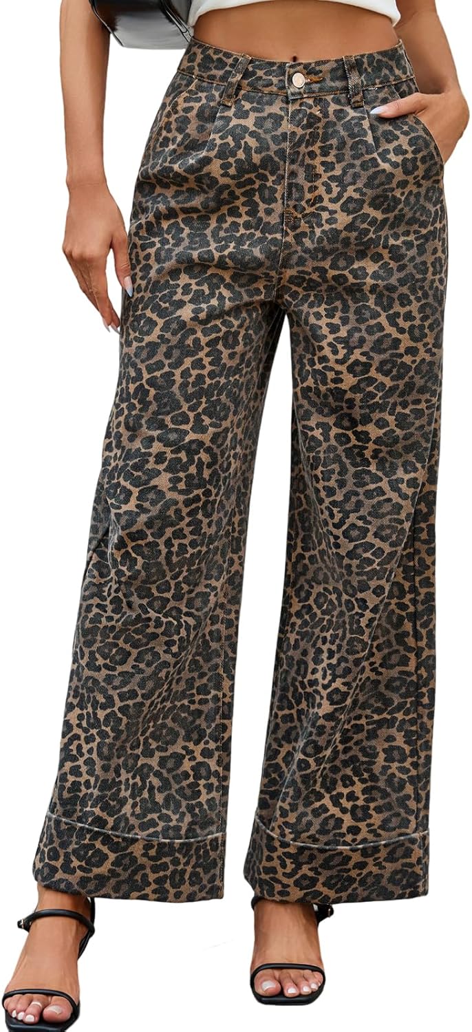 Womens High Waist Wide Leg Jeans Trendy Baggy Cuffed Denim Pants Leopard Loose No Stretchy Jeans with Pockets