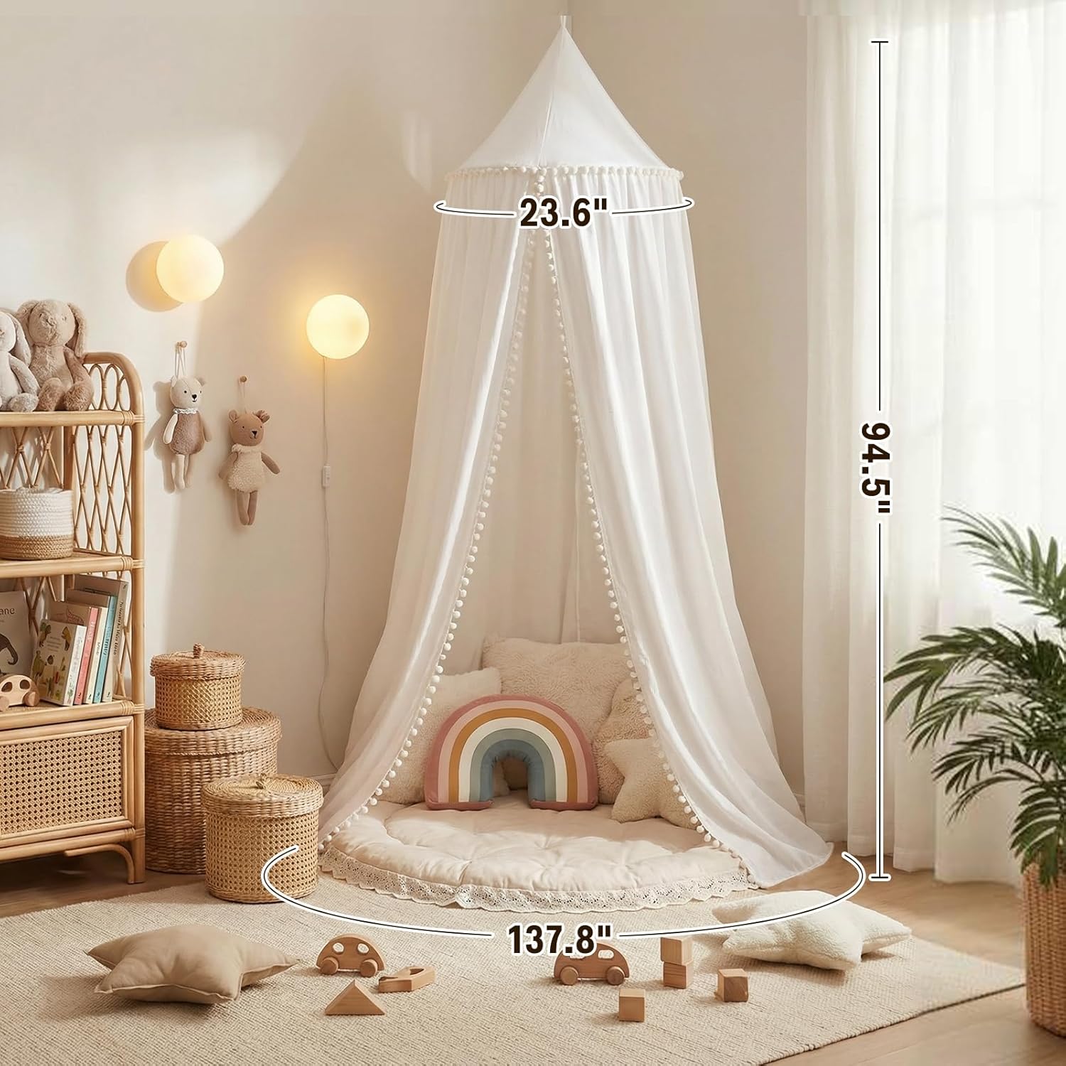 Bed Canopy with Pom Pom Cotton Canopy for Kids Crib Baby Girl Netting Cover Canopy Crib Curtain Reading Nook Hanging Tent Nursery Play Game Castle Room Decoration (White)