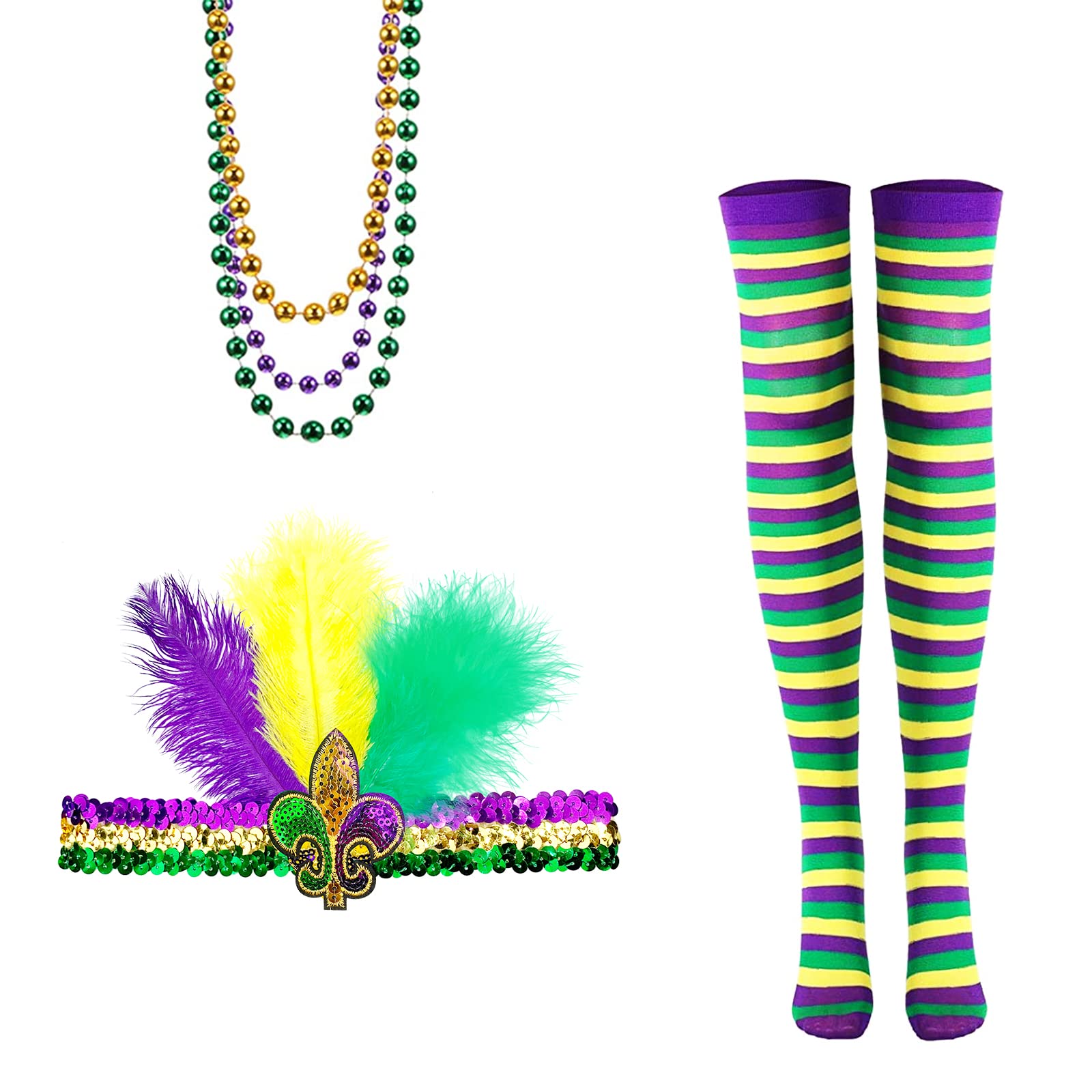 3 Pieces Mardi Gras Costume Accessories Set, Mardi Gras Long Striped Stockings,Sequin Elastic Feather Headband,Colored Bead Necklaces for Women
