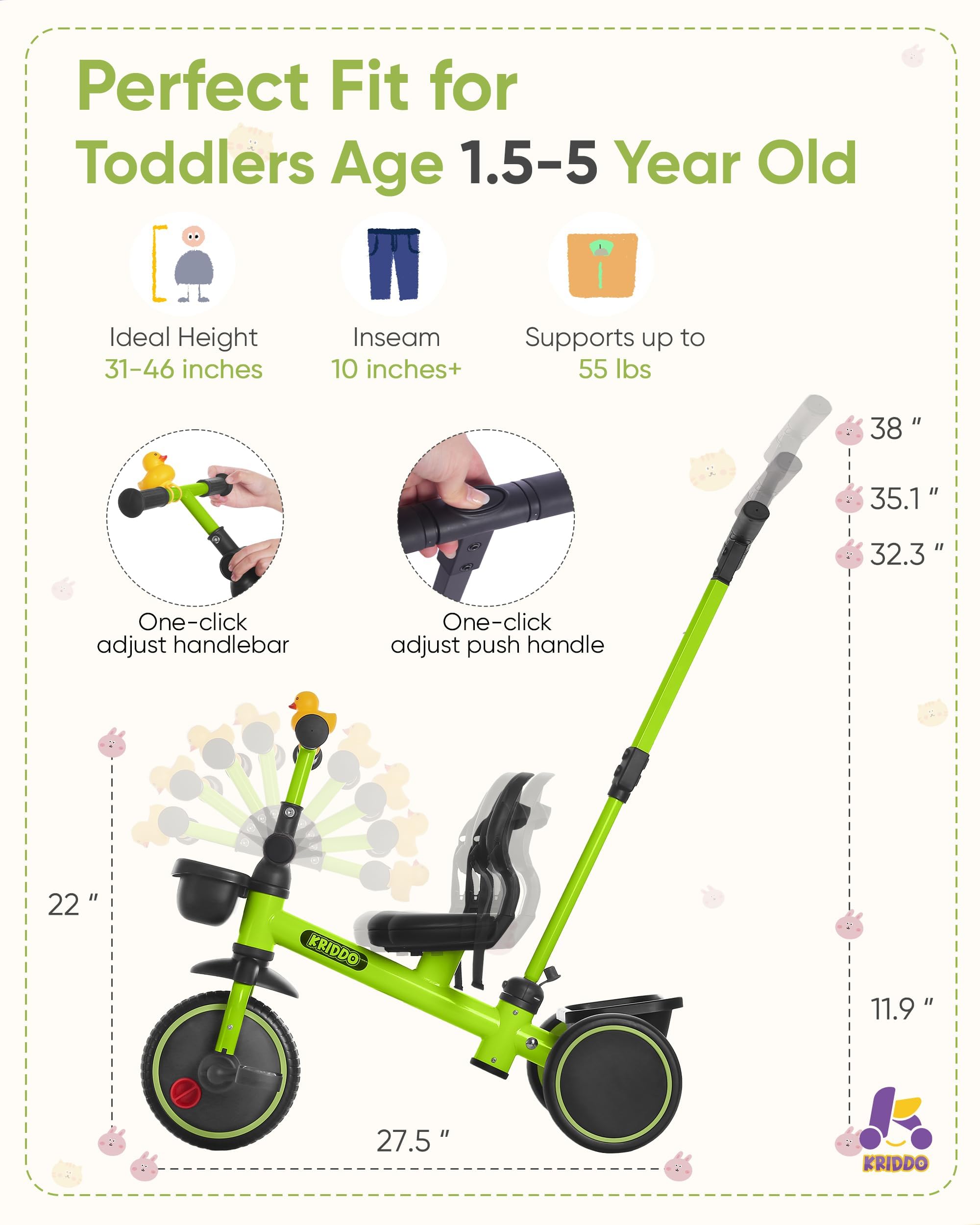 Triciclo 2 en 1 para niños pequeños de 1.5 a 5 años, triciclo de empuje con dirección para padres y mango desmontable, manubrio ajustable de 9 etapas, triciclo para niños pequeños con cinturón 6