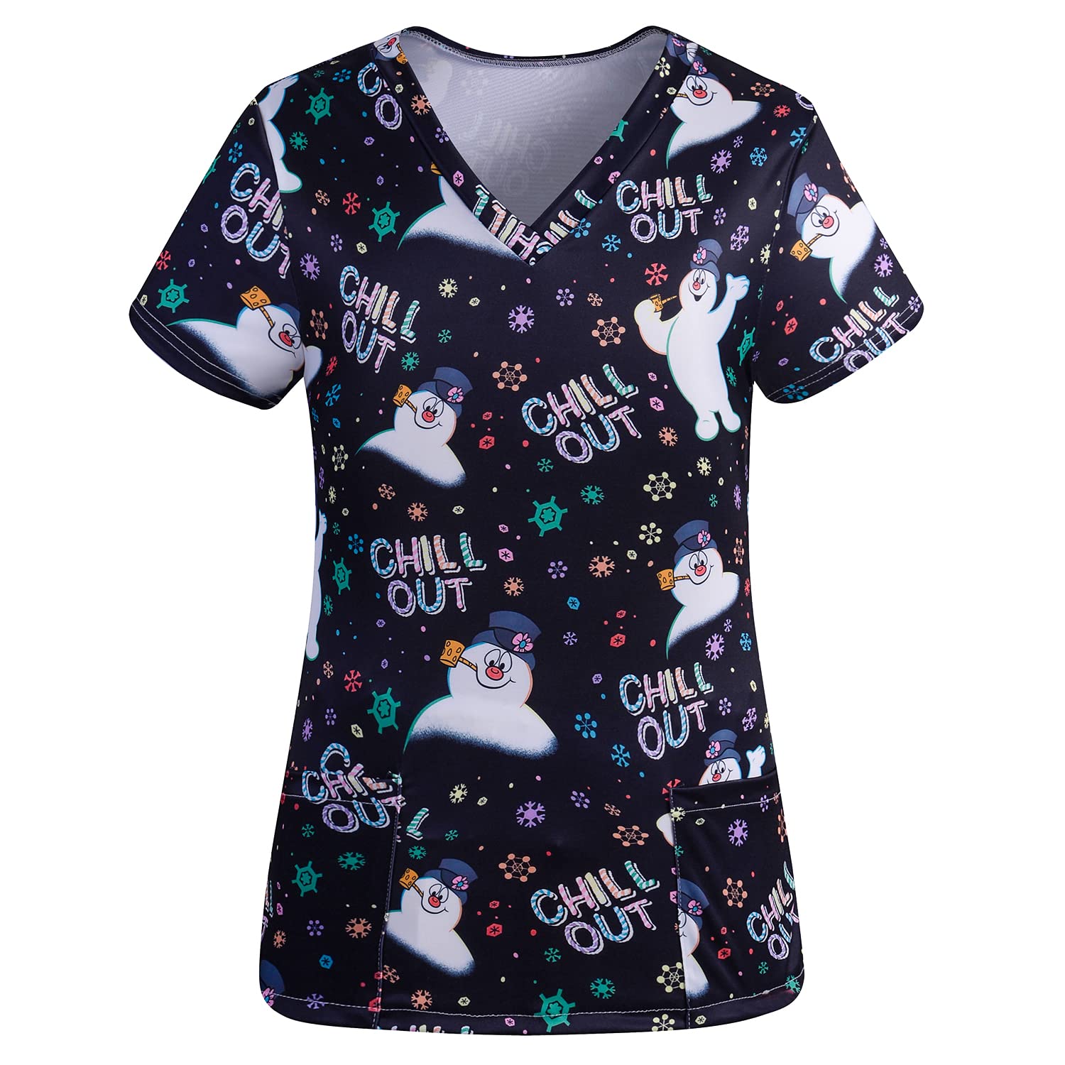 Christmas Scrub Tops Women Cute V-Neck Short Sleeve Santa Claus Snowman Xmas Printed Holiday Nurse Working Uniforms