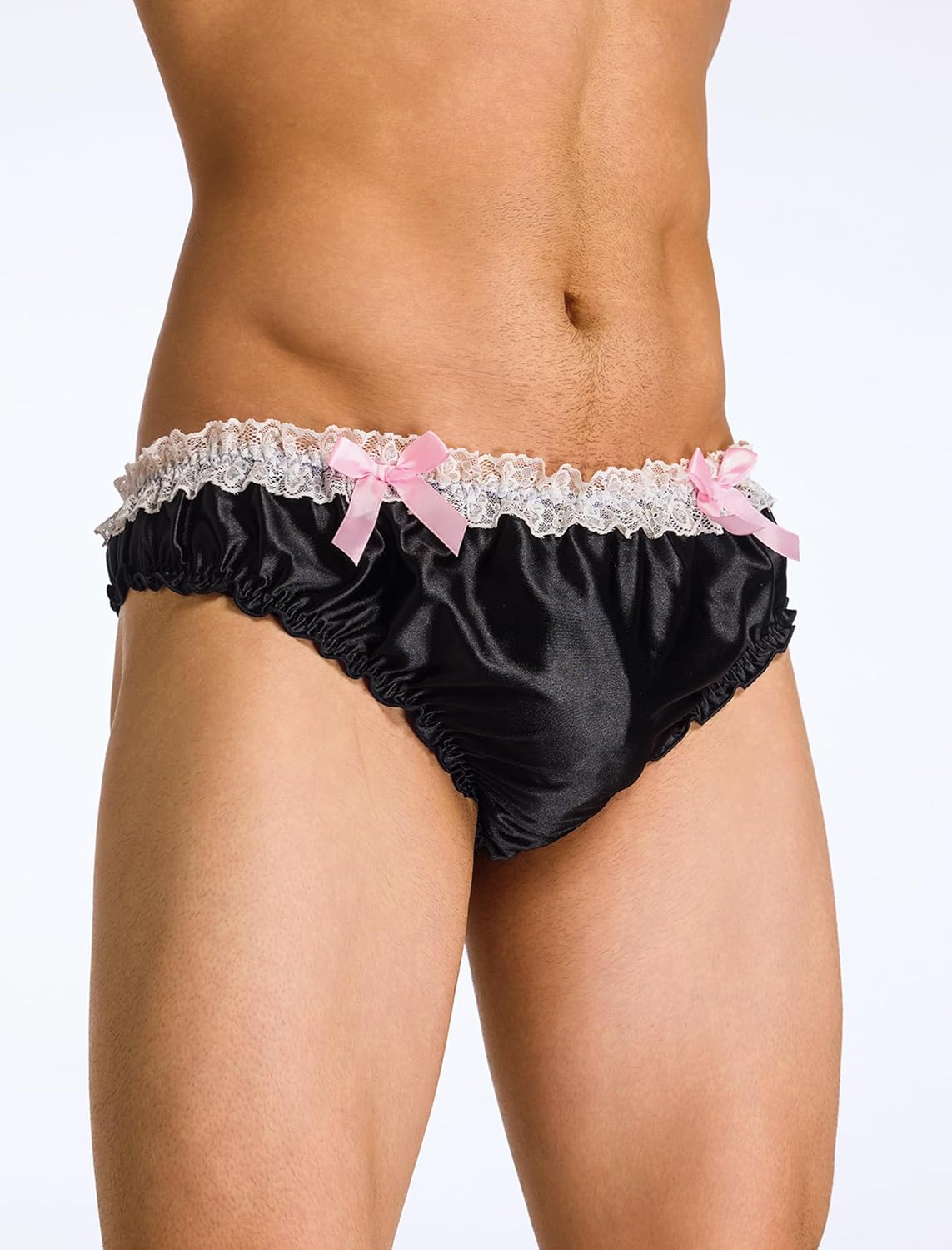 ABAFIP Men's Satin Frilly Lace Trim Sissy Bowknot Thong Panties Elastic Waist G-string Briefs Underwear - Image 6