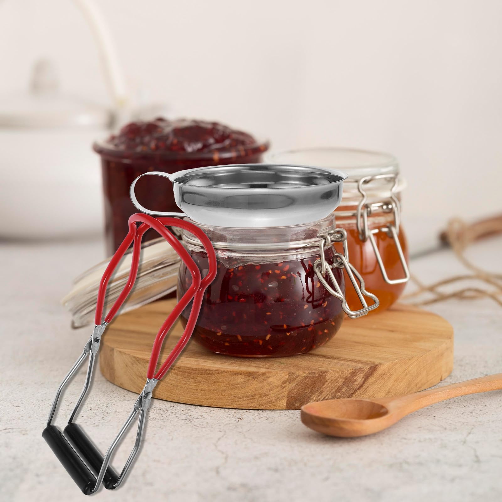 Ciieeo Set Pinze per Conserve in Acciaio Inox 4 Pezzi Impugnatura Antiscivolo, Sollevatore e Imbuto per Inscatolamento Barattoli, Utensili da Cucina per Preparazione Conserve Casalinghe
