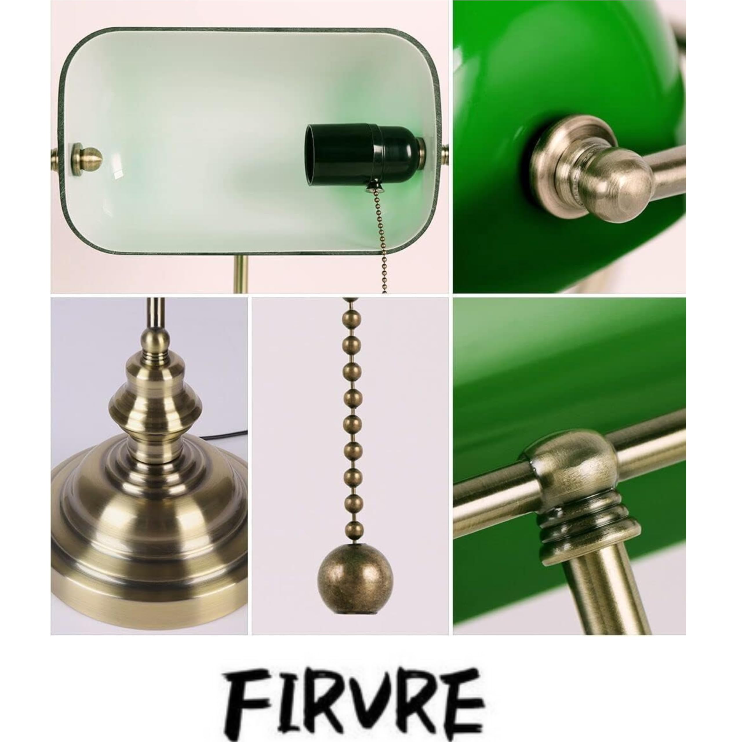 FIRVRE Tischlampe Vintage aus Grünem Glas, Schreibtischlampe Retro mit Pull Kette, Traditionelle Bankerlampe mit Messing Basis, für Büro, Arbeitszimmer (Bulb Included)