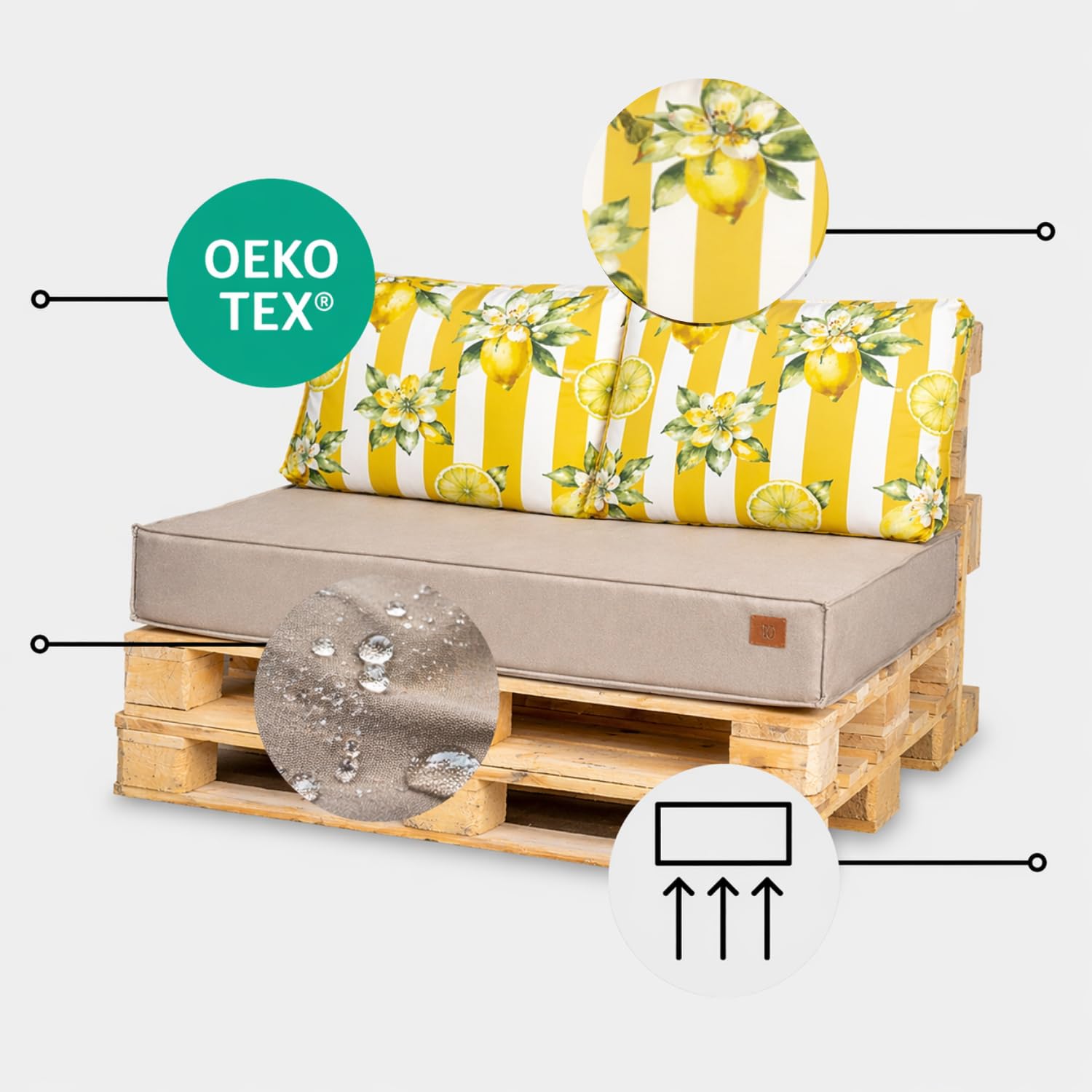 Palettenkissen Set für Palettenmöbel 120 x 80, Wasserdicht Europaletten Sitzkissen Made in EU, Palettensofa Outdoor Komplett in Farbe: (Beige + Zitronen, Sitz 120x80+2 Kissen 60x40)