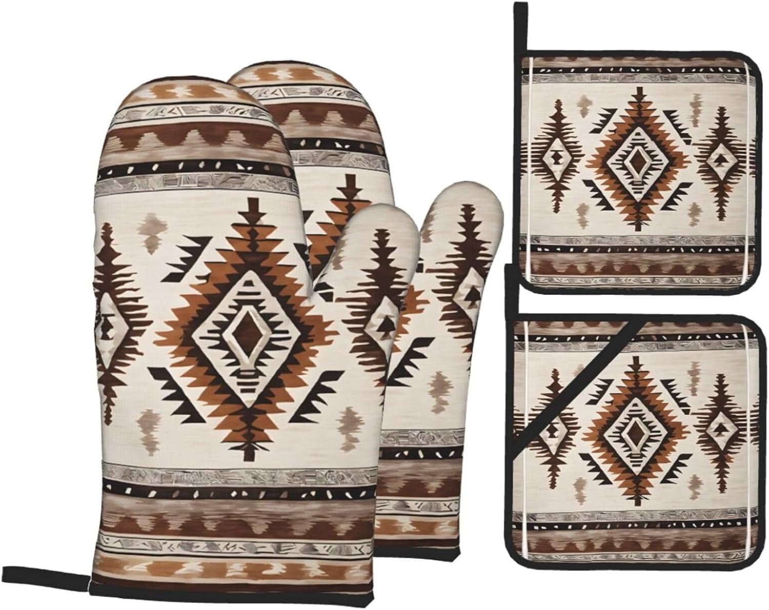 (Native) Baking 4-Piece Set: 2 Oven Mitts and 2 Pot Holders Heat Resistant Waterproof Hanging Loop for Kitchen Oven Grill Housewarming Gifts