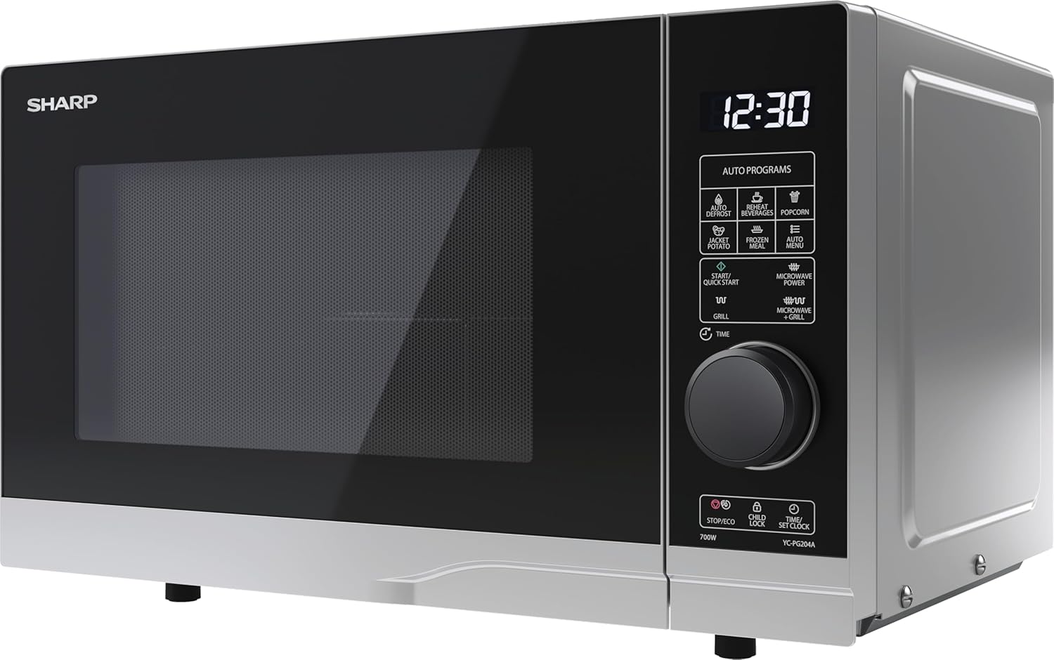 SHARP YC-PG204AE-S - Forno a microonde con grill, 700 W, 20 l, 10 livelli di potenza, funzione Eco, funzione scongelamento, sicurezza per bambini, colore: Argento/Nero - Immagine 1
