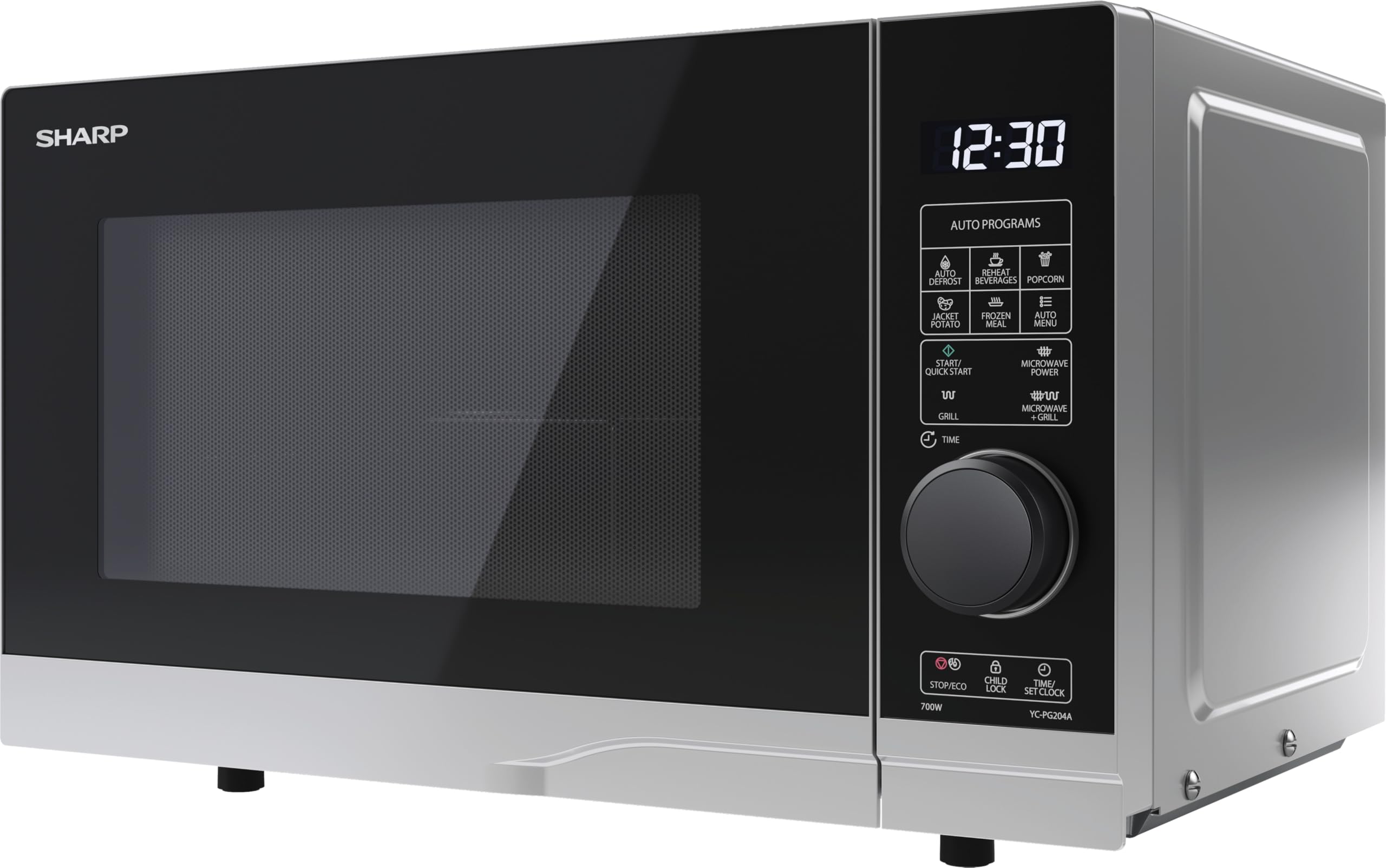 SHARP YC-PG204AE-S - Forno a microonde con grill, 700 W, 20 l, 10 livelli di potenza, funzione Eco, funzione scongelamento, sicurezza per bambini, colore: Argento/Nero