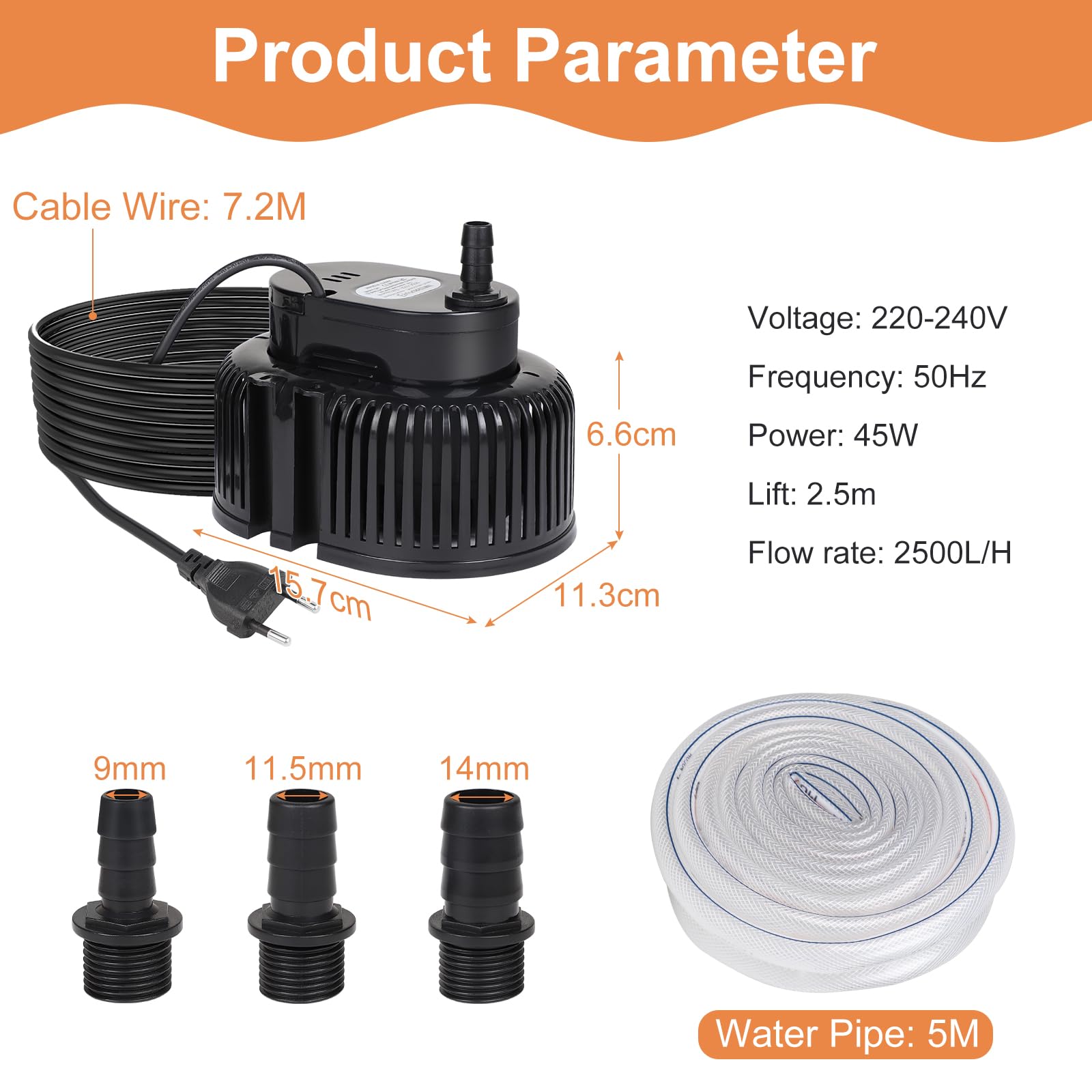 EFUTURETIME Schmutzwasserpumpe 75w Tauchpumpe 2500 L/H, Abwasserpumpe kein Integriert Schwimmerschalter, Pumpe mit 7,2M Kabel, 3 Verschiedene Adapter, 5M Schlauch, 2 Schellen (Schwarz)