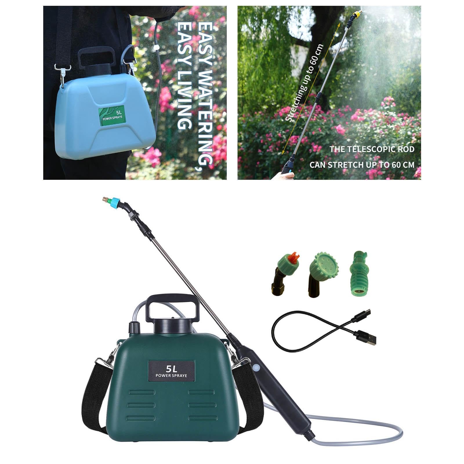Spruzzatore Portatile Elettrico con Asta Retrattile Serbatoio 5L 3 Ugelli Multifunzione Tracolla Regolabile Adatto a Giardinaggio Pulizia Domestica, Verde