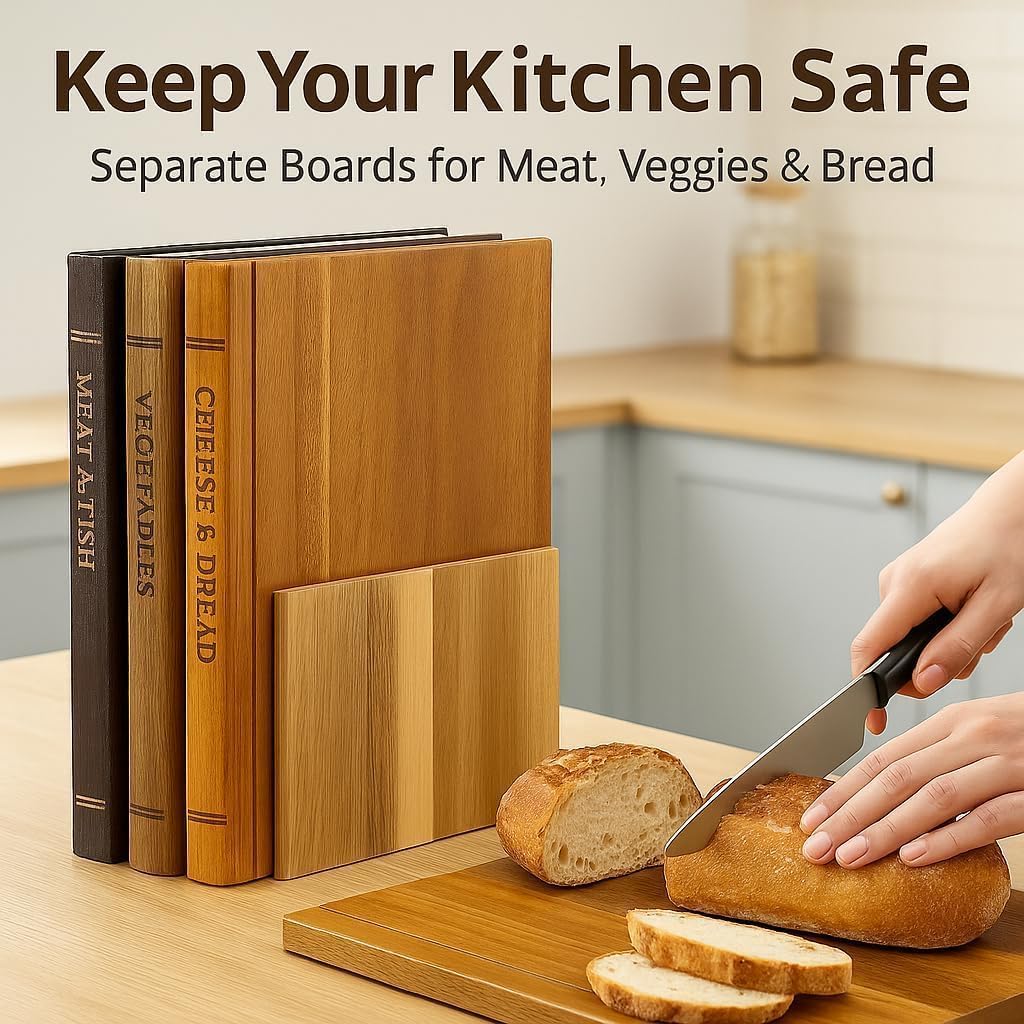 Book Cutting Board Set of 3 with Stand, Solid Acacia Cutting Boards That Look Like Books, Decorative Cutting Board Book Set for Kitchen, Labeled Fruits, Vegetables, Meat, Cheese and Bread