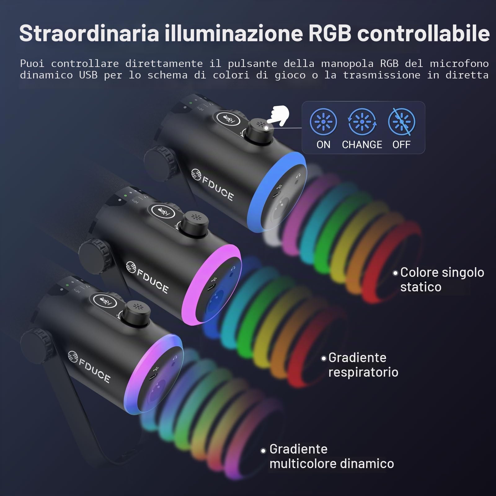 FDUCE Kit microfono da gioco USB/XLR, microfono dinamico per PC per streaming di podcasting, kit microfono RGB per computer con supporto da tavolo, pulsante mute e jack per cuffie, per registrazione