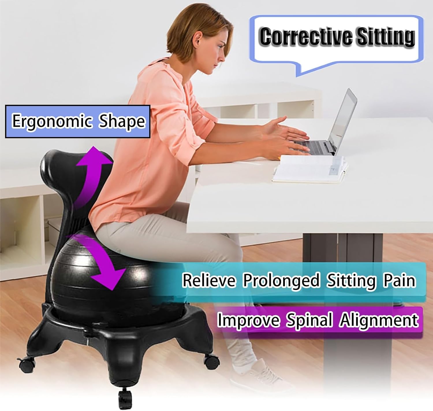 CMYUN Yoga Ball Chair Office Ergonomic Ball Chair, Workout Yoga Ball Seat for Adults Kids, Relieve Back Pain Birthing Balls, Chair with Wheels & Back Support