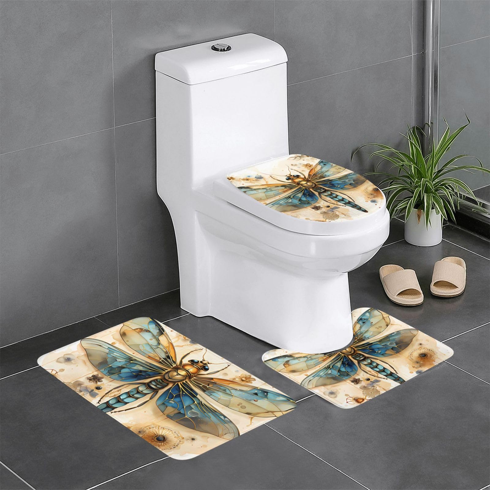 Tapis de salle de bain antidérapants lot de 3 motif libellule jaune