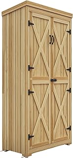 Outsunny Wooden Garden Shed, Outdoor Storage Cabinet with Waterproof Galvanized Metal Roof, Narrow Tool Shed with 3 Shelves and Lockable Door, Natural