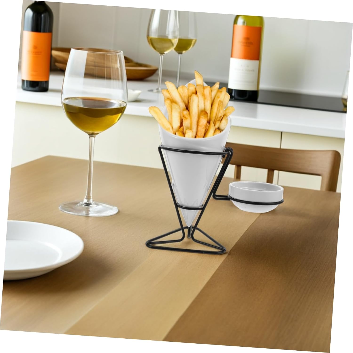 PRETYZOOM 1Set French Fry Holder Ceramic Cone Rack with Sauce Dipper Stylish Snack Serving Plate for Appetizers Space Saving Design for Restaurants and Home Parties