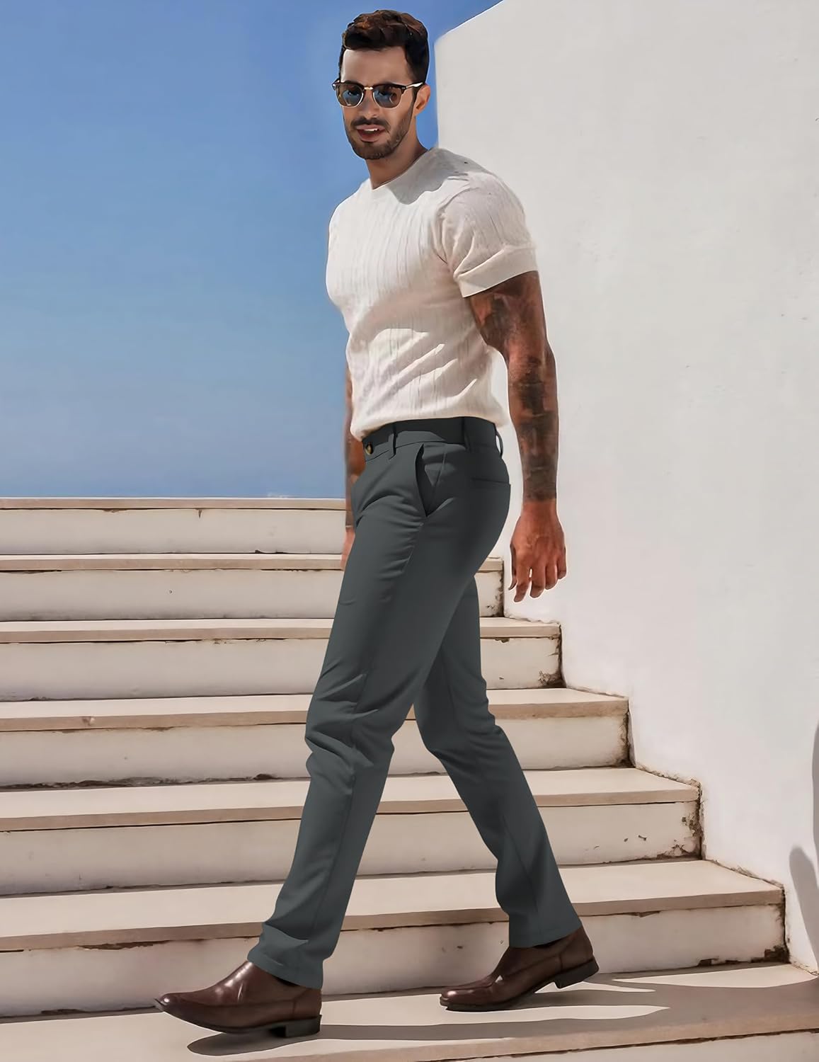 JMIERR Men's Skinny Stretchy Suit Pants Slim Fit Slacks Tapered Trousers - Image 8