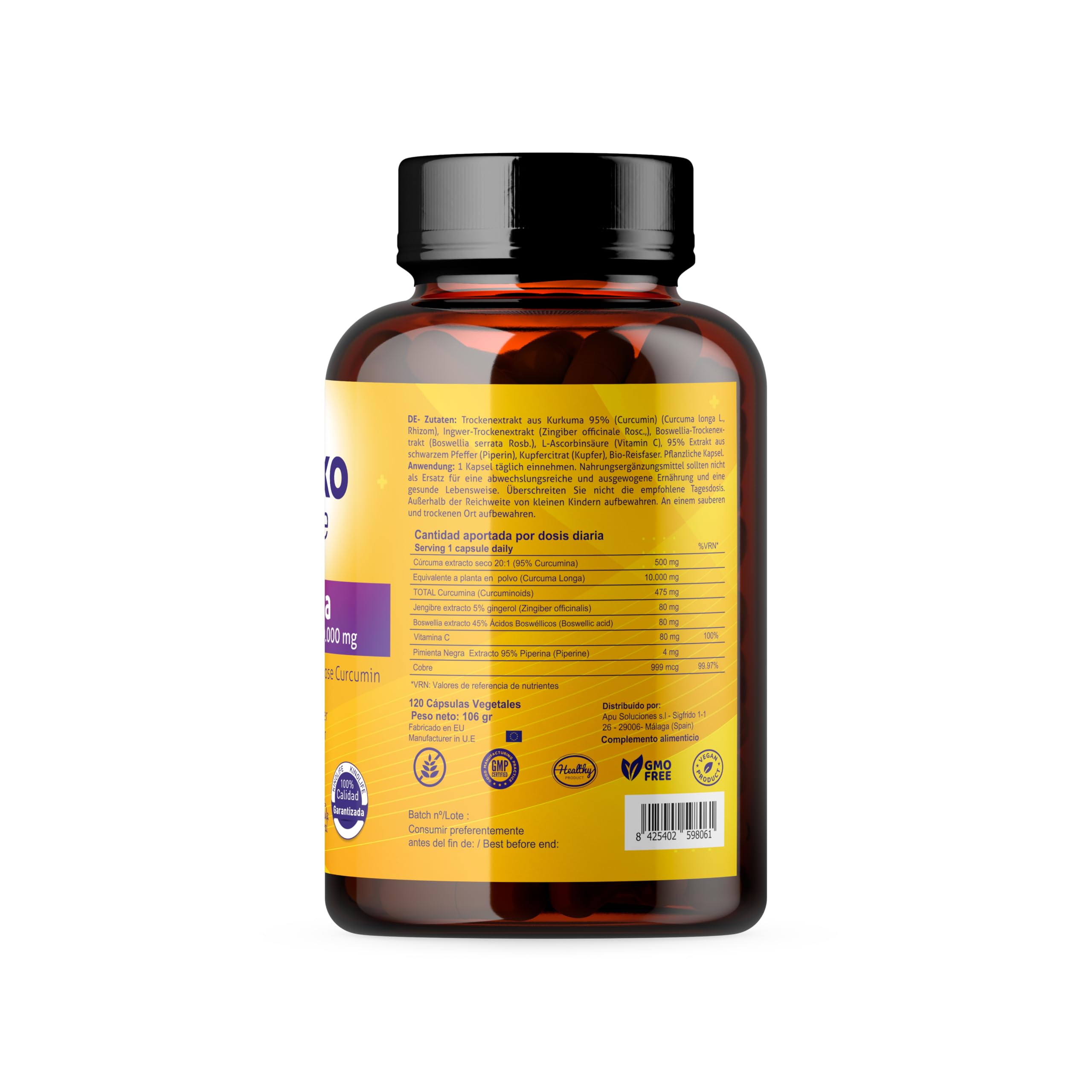 CURCUMA 10000 mg .120 gélules Curcumine pure 95% d'extrait .Gingembre, Poivre noir, Boswellia, Vitamine C et Cuivre | Hautement résorbable | Full Complex