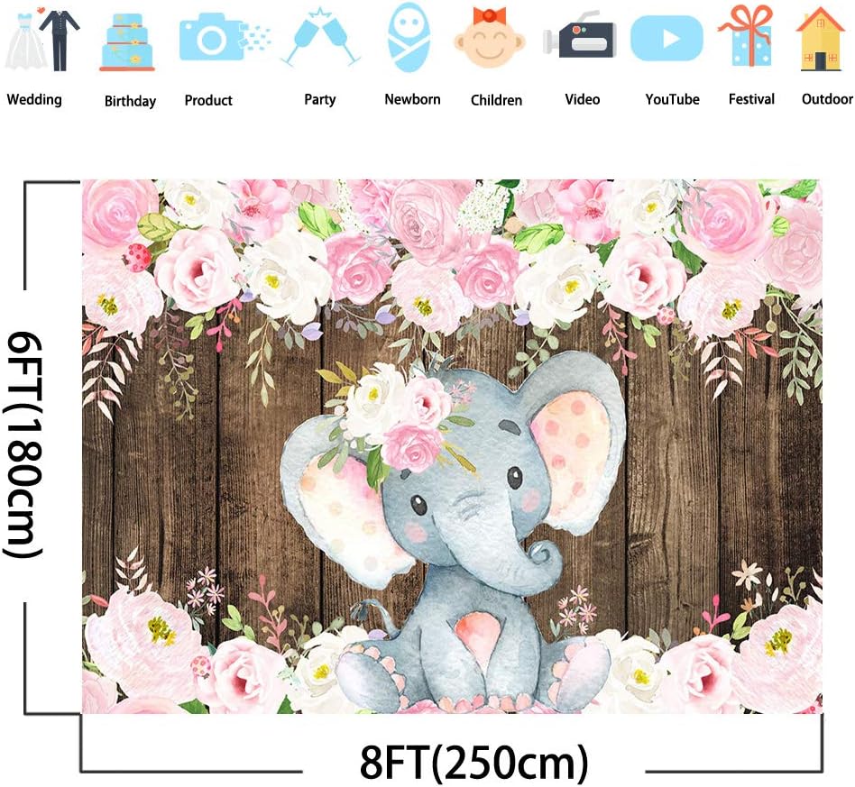 Mocsicka 8x6ft Floral Elephant Baby Shower Backdrop Pink Flower Little Elephant Rustic Photo Background Vinyl Elephant Baby Shower Birthday Backdrops for Girls (8x6)