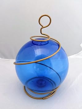 Blue Japanese Fishing Glass Buoy with Metal Coil Wrap - Glass Float Ball - Nautical Decor - Perfect Hanging Gift for Art Lovers - 5" X 7.5" Height