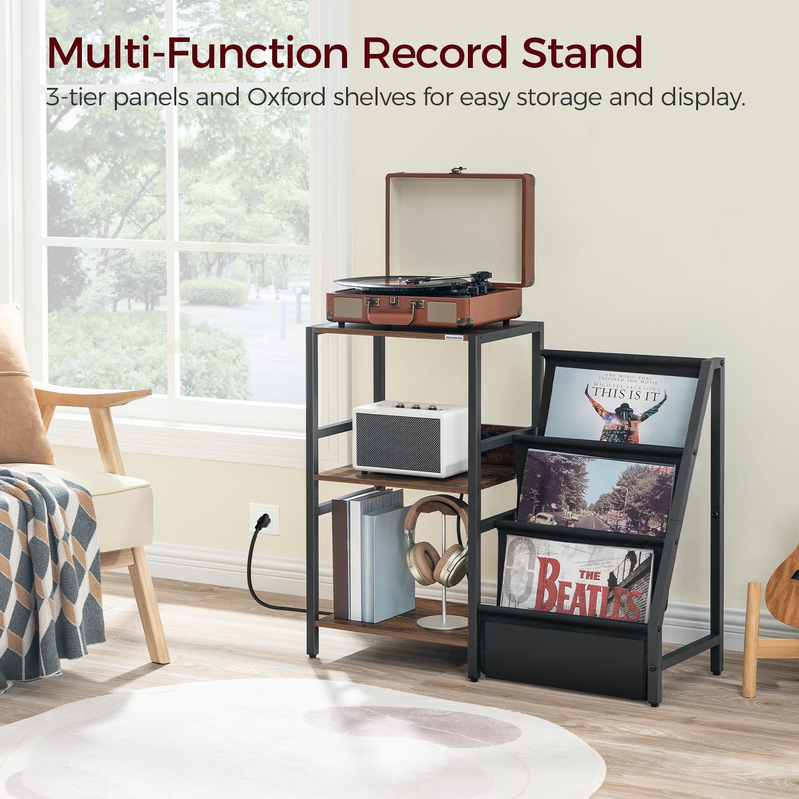MAHANCRIS Record Player Stand, Turntable Stand with Vinyl Storage, 3-Tier Record Player Storage Holds Up to 210 Albums Record Player Table with Charging Station for Living Room, Rustic Brown ETHR34E01