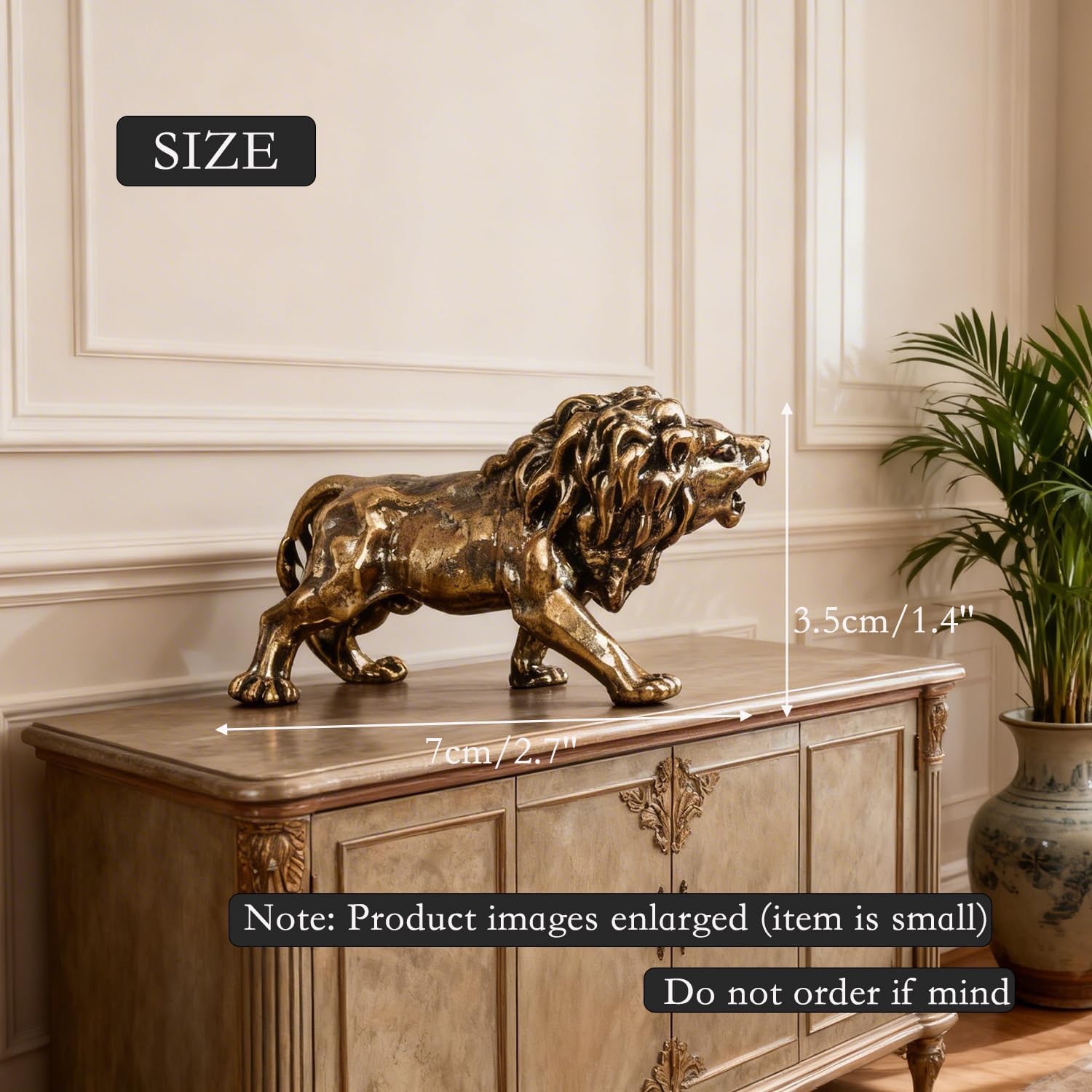 Pure Brass Lion Figurine, Small Vintage Lion Statue, Solid Brass Decorative Sculpture for Home Office Desk Shelf, Collectible Ornament Gift (Height 1.81 in, Width 2.83 in) image 2