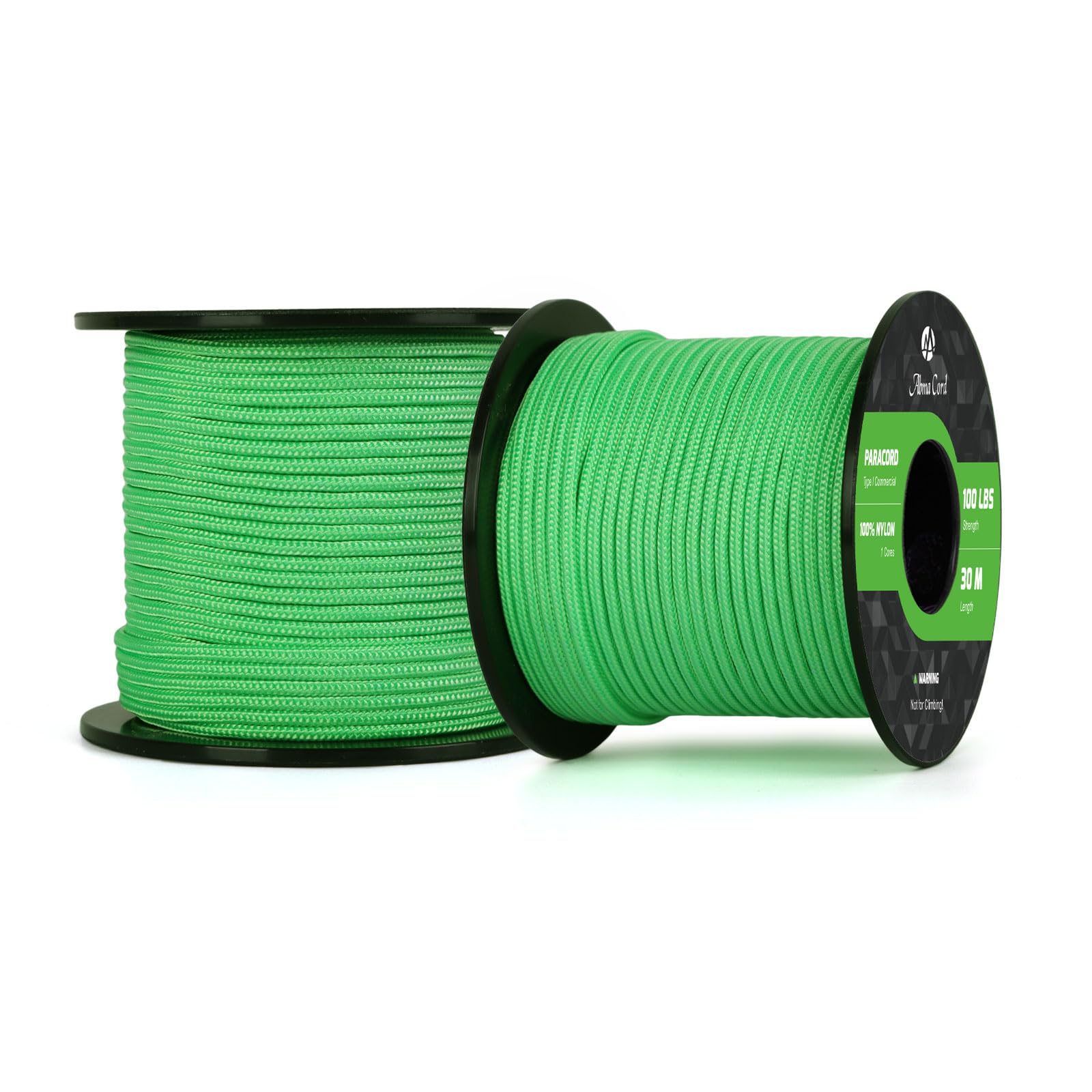 Abma Cord Paracord 100 lbs 2mm 100% Nylon 30M - Green, Solid-green, 30 Meters