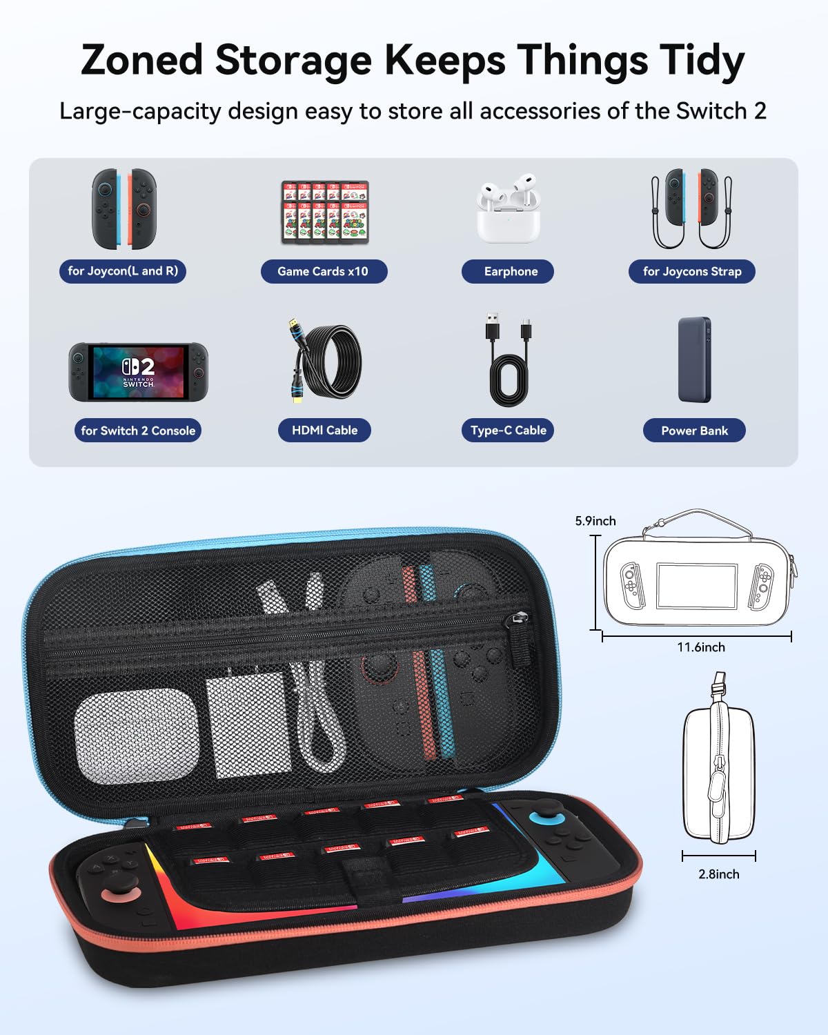MONGERY Carrying Case for Nintendo Switch 2 (2025), Hard Shell Travel Storage with Soft Interior, Fits Console, Charger & Accessories, 10 Game Card Slots, Portable Protective Case - Black