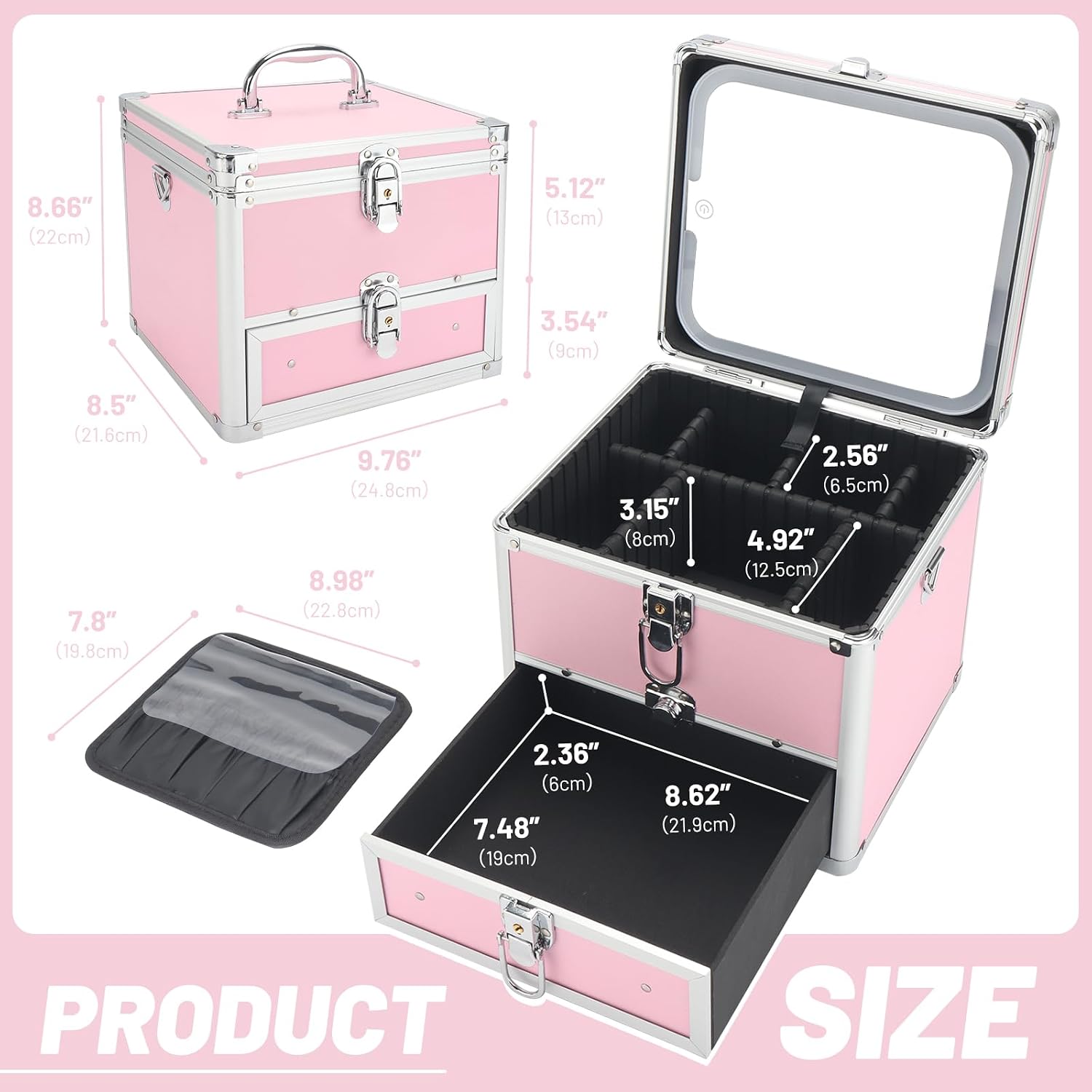 Makeup Case with Drawer, Detachable Lighted LED Mirror, Travel Vanity Organizer, Portable Cosmetic Train Case, Lockable Makeup Suitcase with Adjustable Dividers, Shoulder Strap, Brush Holder
