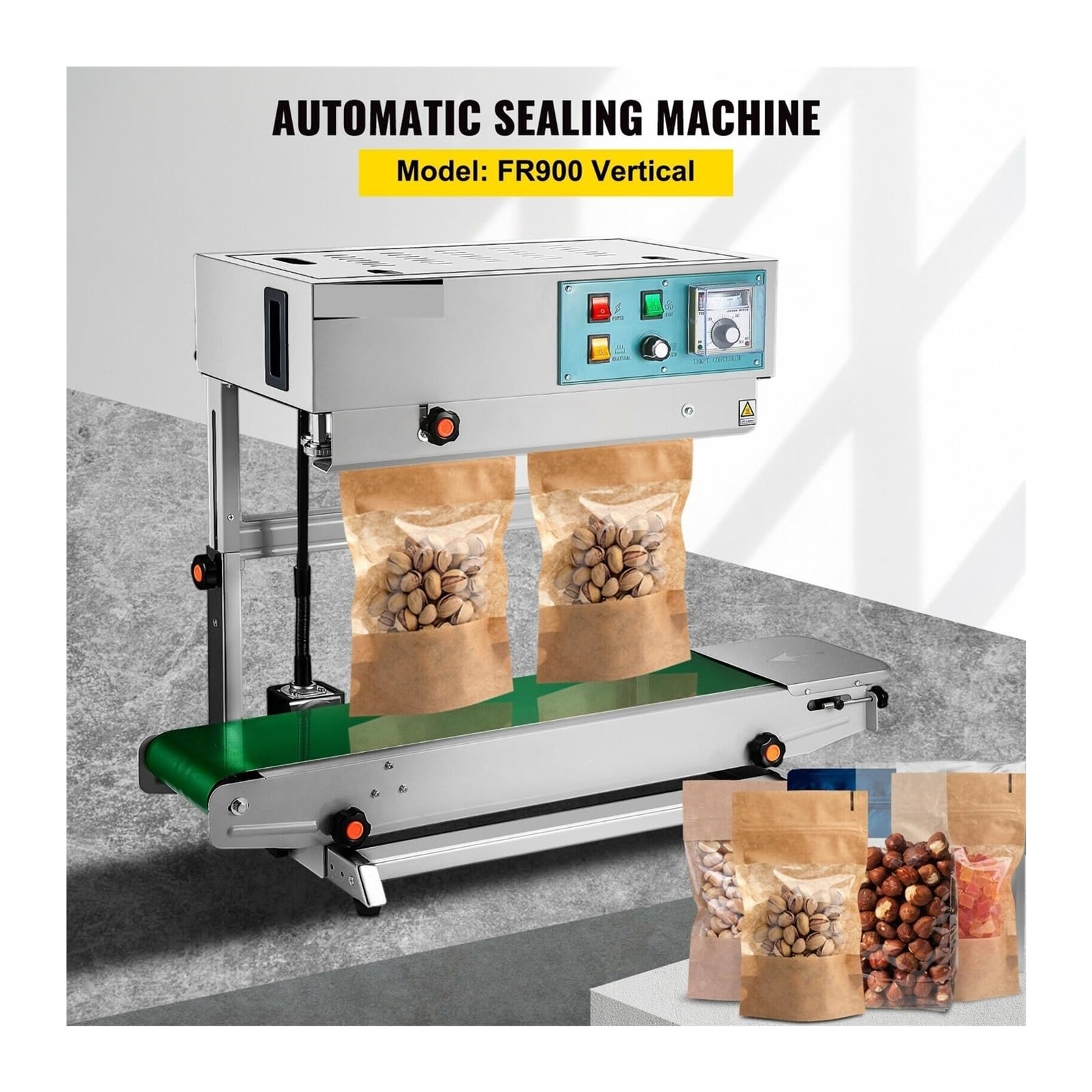 Macchina sigillatrice automatica verticale FR900, a fascia continua, codificatore di data e stampa for il confezionamento alimenti, medicinali semi Per uso fai da te(Type A)