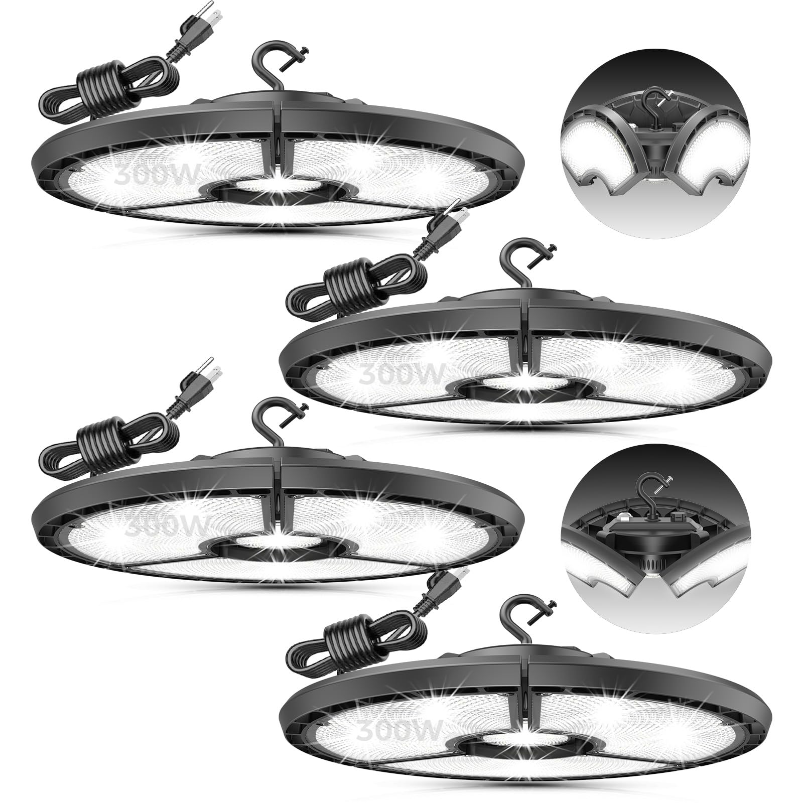 4 Pack LED High Bay Light 300W 45 000LM UFO LED High Bay Light with Hook and 6