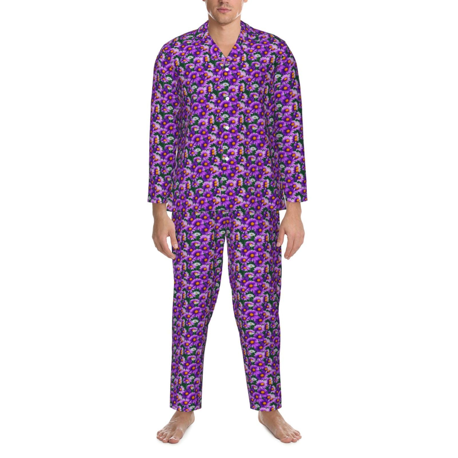 Herren-Pyjama-Set, langärmelig, mit Gänseblümchen-Aufdruck, zweiteilig, bequem, Nachtwäsche, Violett