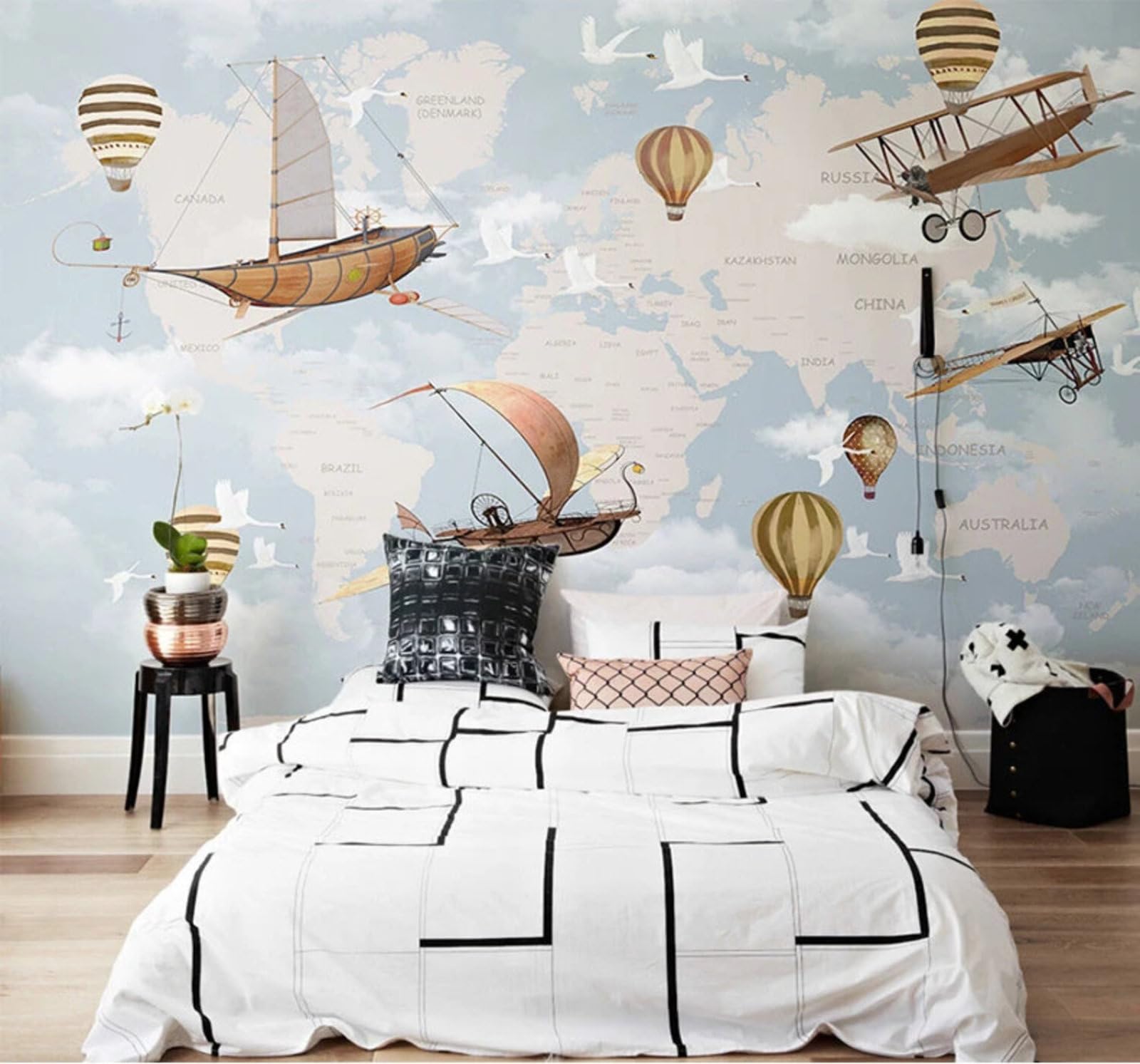 Xlming 200Cm×140Cm(B×H) Large World Map Aeroplane Hot Air Balloon Cartoon 3D Wallpaper Silky Texture Home Study Office Grey Dining Room Sofa Bedroom Living Room Tv Backdrop-200Cm×140Cm