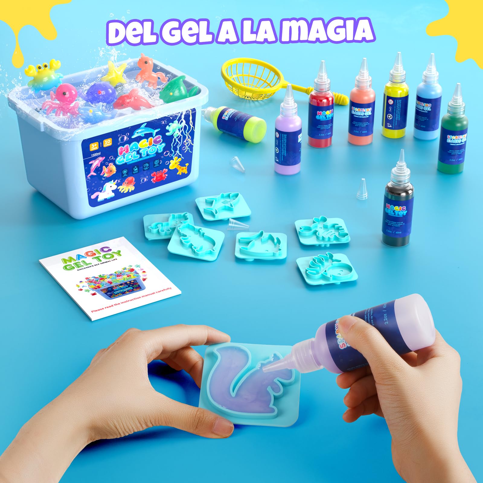 Hot Bee Kit de Gel de Agua Mágico para Niños - 10 Botellas, 8 Doble Moldes, Juguetes Niñas Magic Water Aqua Fairy Manualidades Aqua Gelz Regalo Ideal para de 4 a 10 Años Juegos Agua