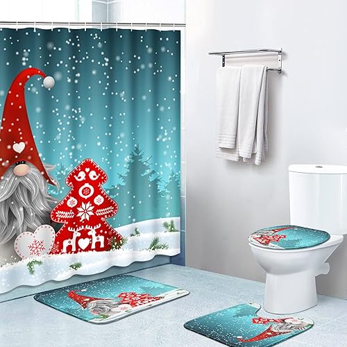 Britimes Juego de 4 cortinas de ducha con 12 ganchos, lindo gnomo de copo de nieve de Navidad con alfombras antideslizantes, cubierta de tapa de