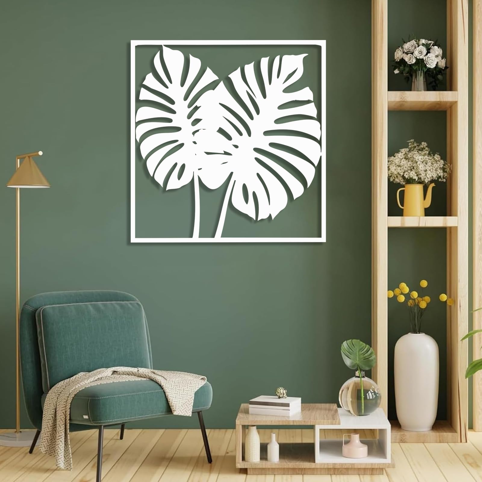 Decorazione murale in Metallo Scultura da Appendere a Parete a Forma di Foglie di Palma Tropicali per Soggiorno e Camera da Letto Bianca 80x80 cm (31x31)
