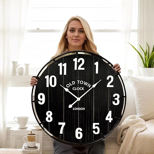 Miniatura 9 de Reloj de pared grande de 20 pulgadas estilo granja, madera rústica antigua con círculo de metal y números grandes grabados, reloj de pared