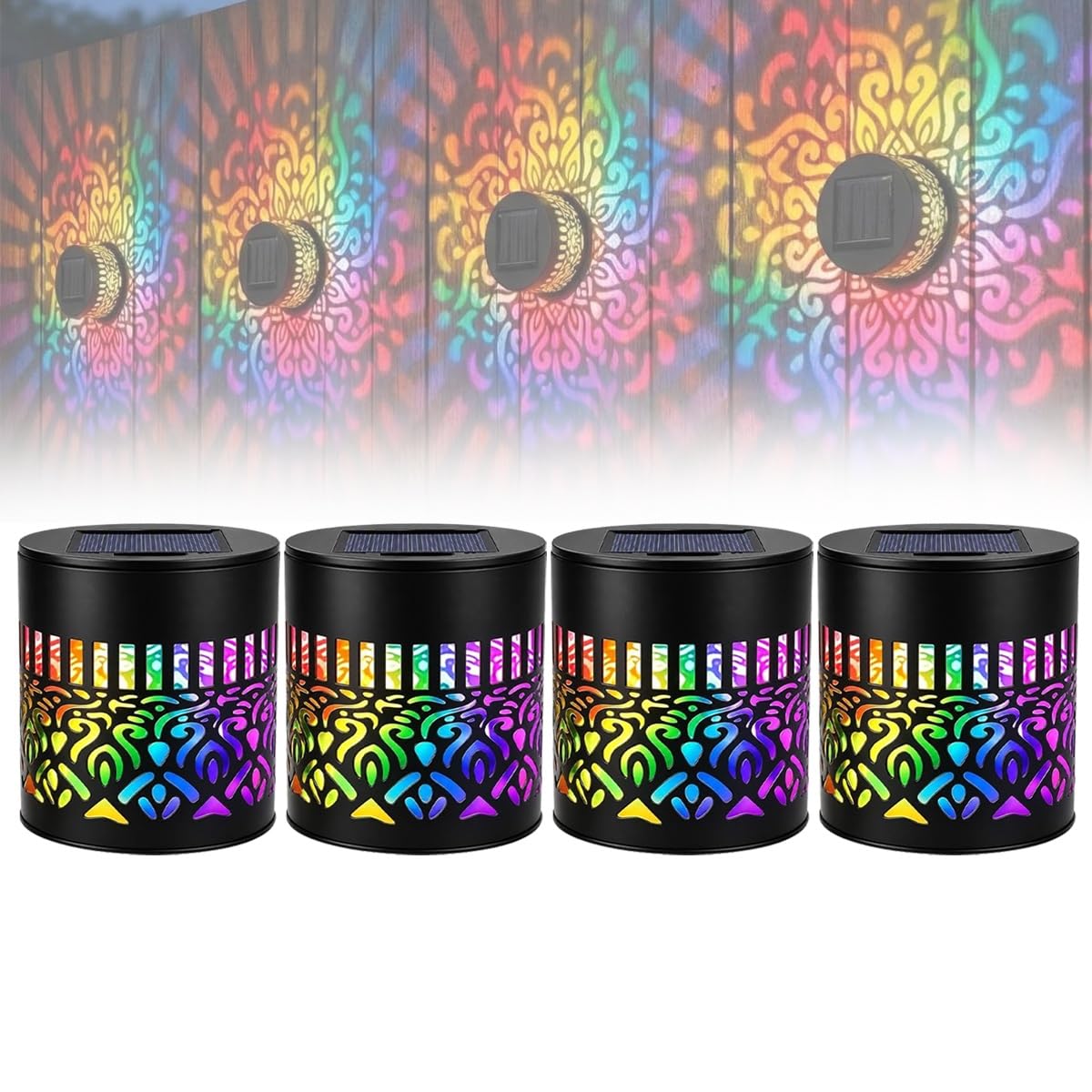 DTWEFF Metal Mandala Solar Wall Lights with Decorative Projection Pattern, Solar Fence Mandala Lights for Garden Patio Post Backyard Yard(Colored Light,4pcs)