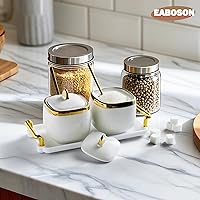 Vista 6 de Ceramic Sugar Bowl 2 Pack, Porcelain Seasoning Jar with Tray, Spoon and Lid for Sugar, Pepper, Coffee, Spice, Salt (Gold)