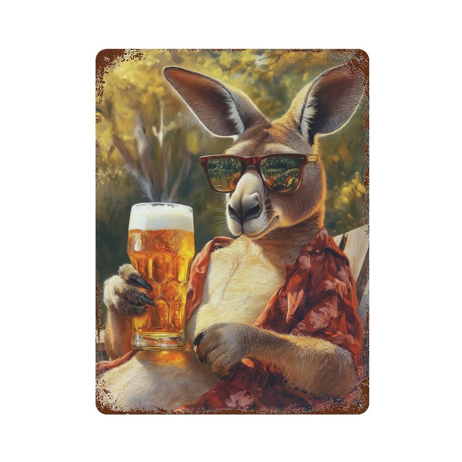 Cool Kangaroo with Beer Vintage Wall Sign 15.7"x11.8", Rust Effect Metal Decor for Living Room, Hallway And Home Decor