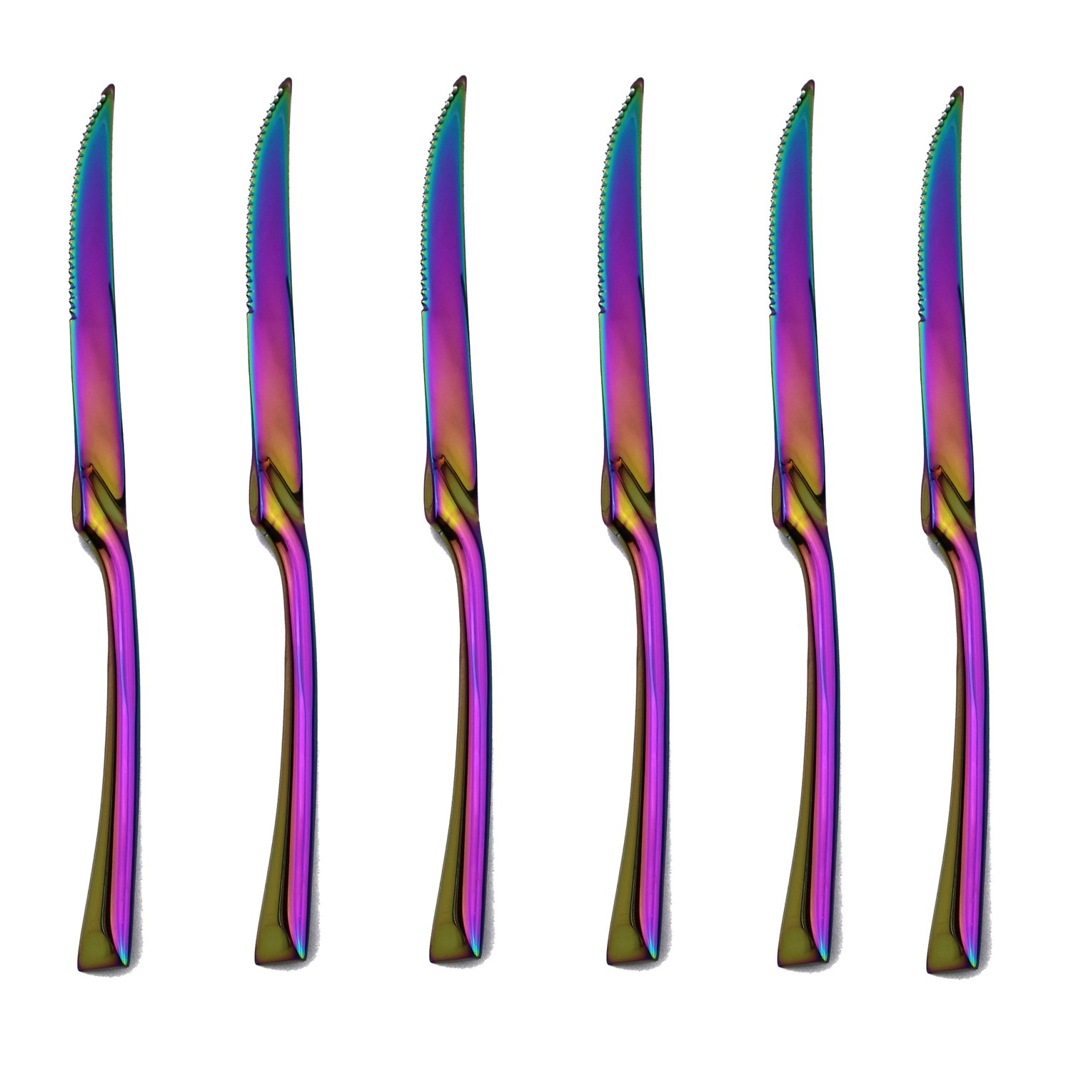 PUZHLER Dinner Knives Set Dinner Knife, Titanium Colorful Plated 18/10 Stainless Steel, rainbow utensil set, Flatware Set of 6 Pieces