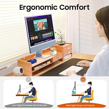 Ergonomic Computer Monitor Stand, with 3 Drawers & Lock, Wooden Desk Organiser, Space Saving Storage Rack for Home Office Accessories