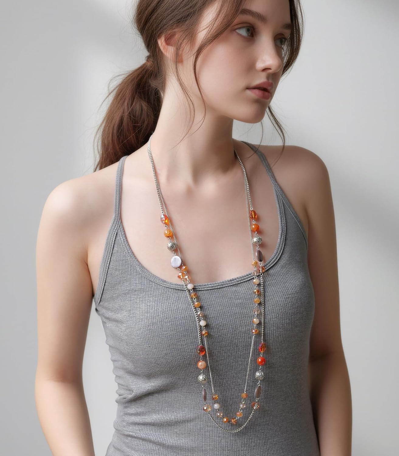 Noessla Layered Long Necklaces for Women Crystal Beaded Statement Necklace Sweater Silver Chain with Gifts Box Jewelry - Image 3