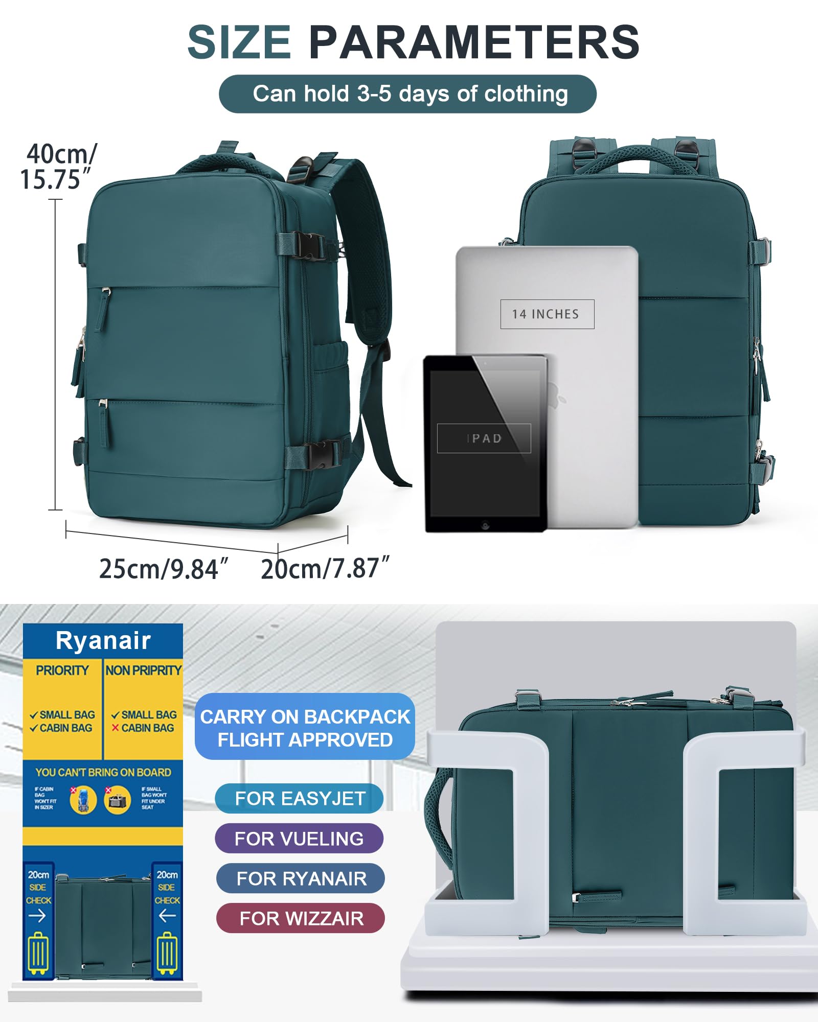 BJLFS Borse da Cabina per Ryanair 40x20x25 Bagaglio a Mano Zaino Borsa Zaino da Viaggio, Zaino da trekking,Zaino Easyjet 45x36x20,Zaino Casual per laptop da 14 pollici per scuola