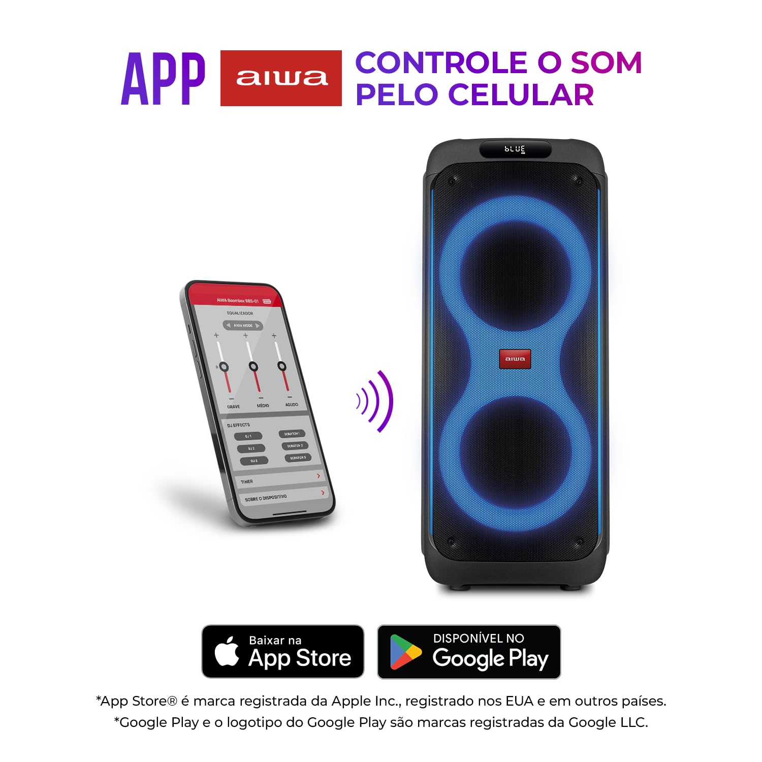 Smartphone screen showing the Aiwa app interface next to the Party Box speaker