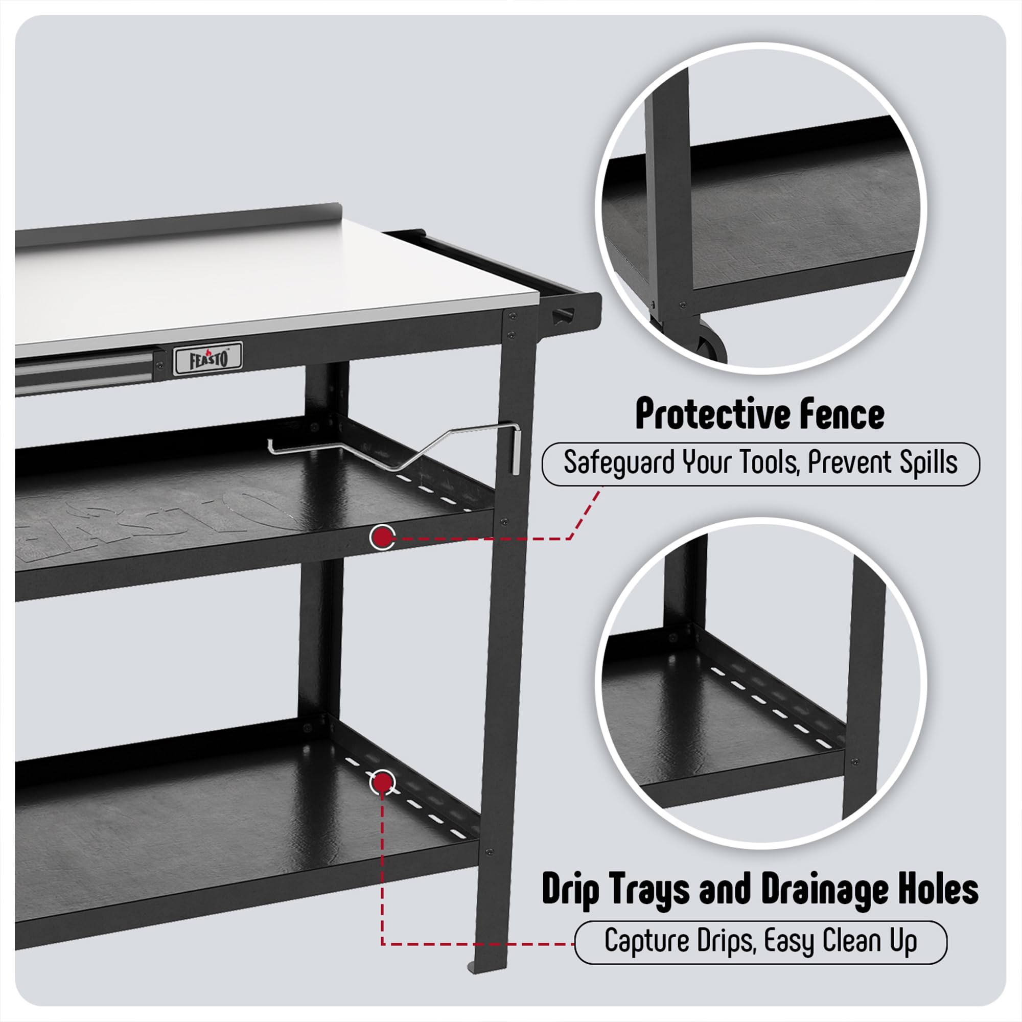 Feasto 80 x 45,7 cm Outdoor-Grillwagen mit Edelstahl-Tischplatte, beweglicher Grilltisch mit Gewürzregal und magnetischem Werkzeughalter, Hinterhof, BBQ, Küche, Lebensmittelzubereitungstisch für
