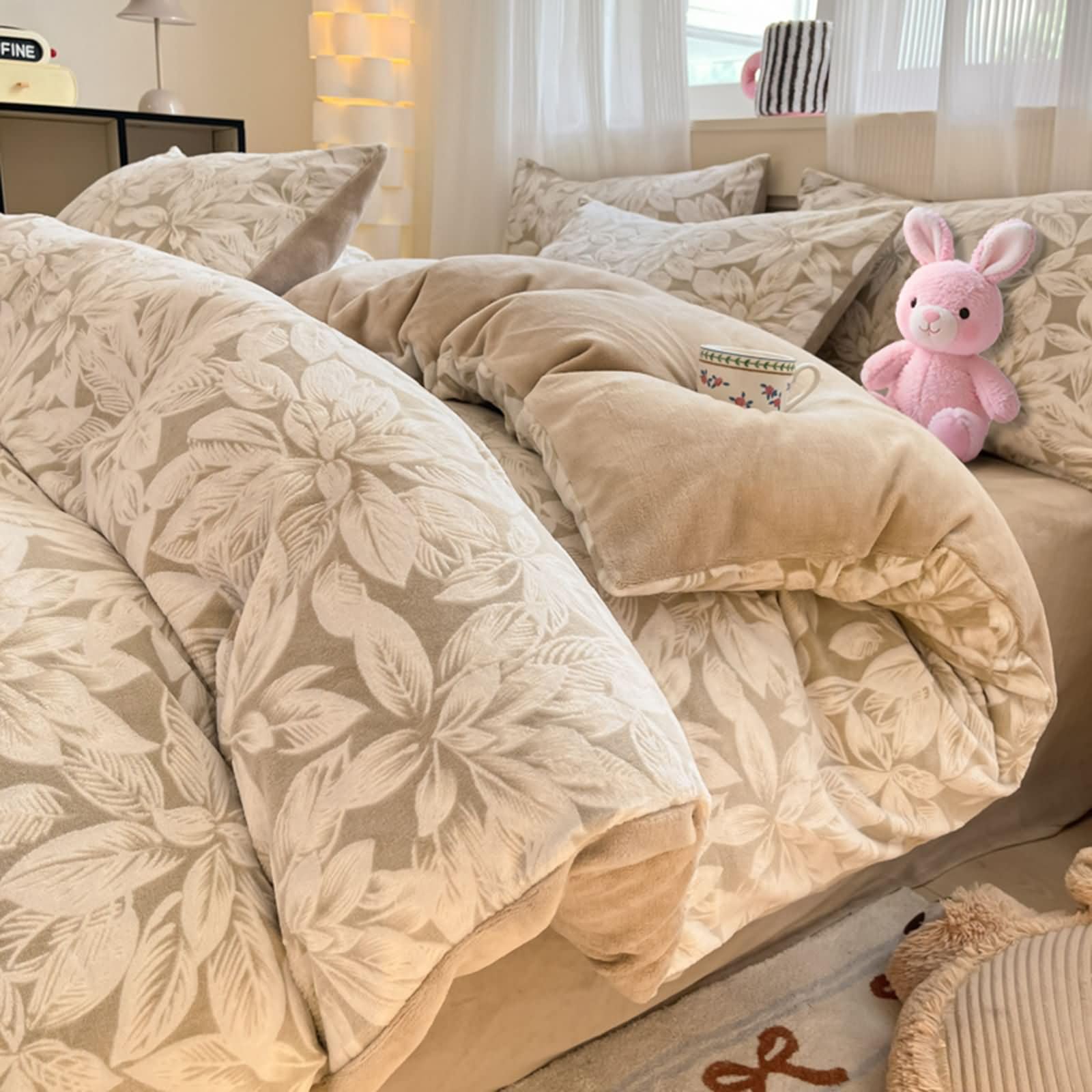 Gualiy Zestawy poszewek na kołdrę w rozmiarze king size, 4-częściowy zestaw pościeli z aksamitnymi liśćmi, zawiera 1 poszewkę na kołdrę 200 x 230 cm z zamkiem błyskawicznym, 2 poszewki na poduszki, 1